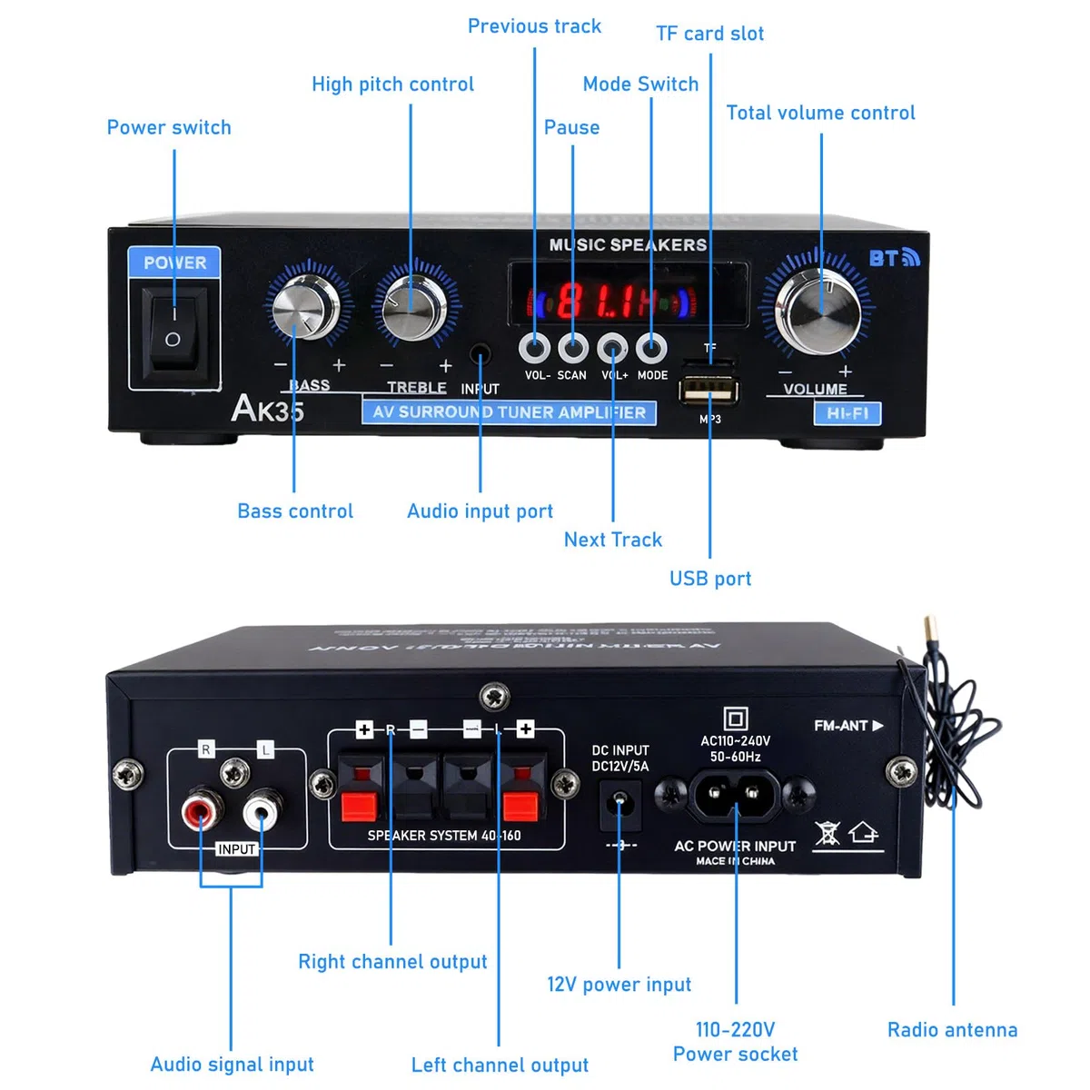 AK35 Amplificatore HiFi Bluetooth 5.0 2.0 Canali 30W X 2 Amplificatore Stereo HiFi Amplificatore Finale di Potenza Mini Radio Audio Amplificatore Ricevitore con Radio FM, Telecomando, Scheda SD, USB