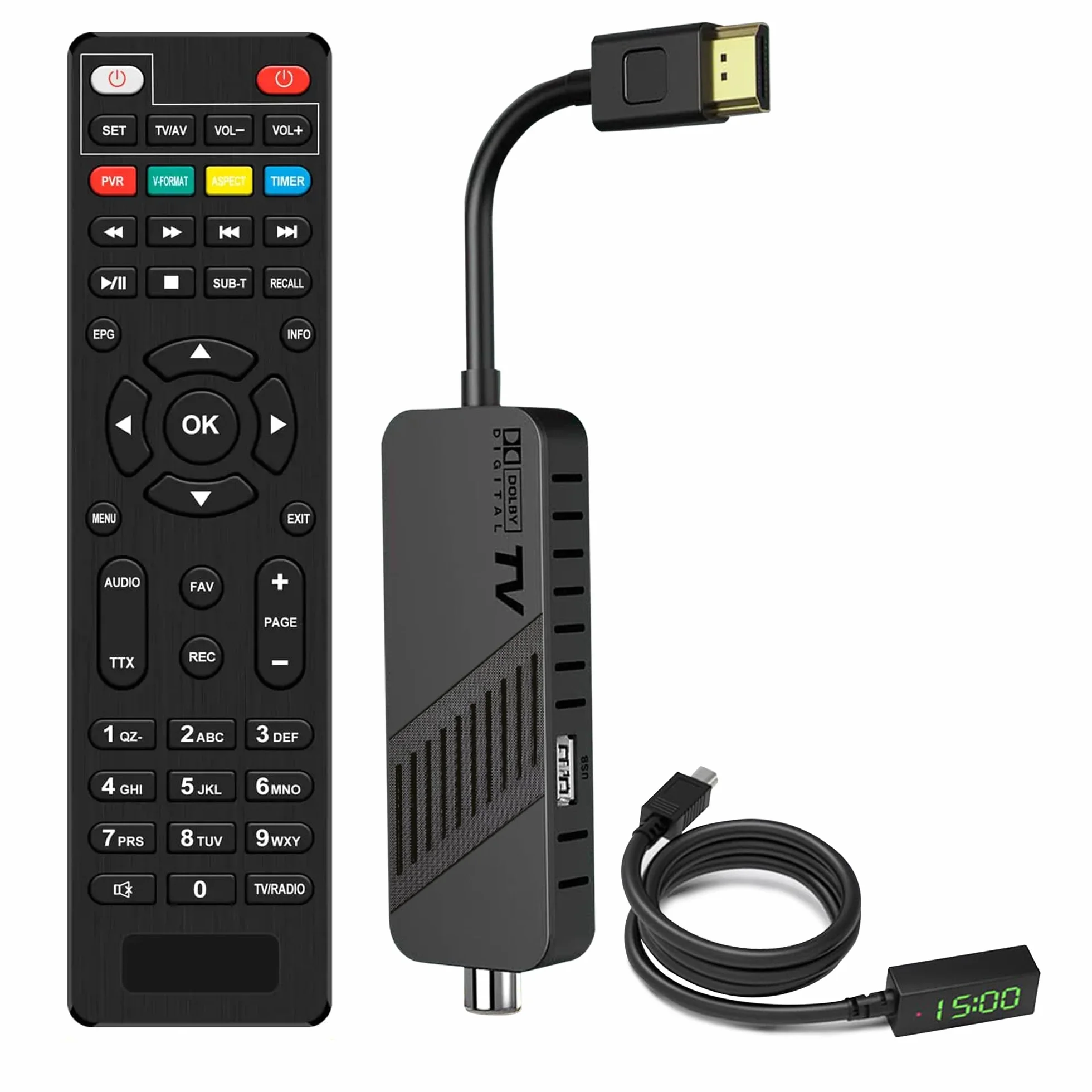 Leyf Decoder DVB-T2 TNT Full HD 1080P TV Decodificatore Nascosto dietro la TV, Display digitale, HEVC H265 Main 10 Bit, 2in1 telecomando, HDMI/AV, USB