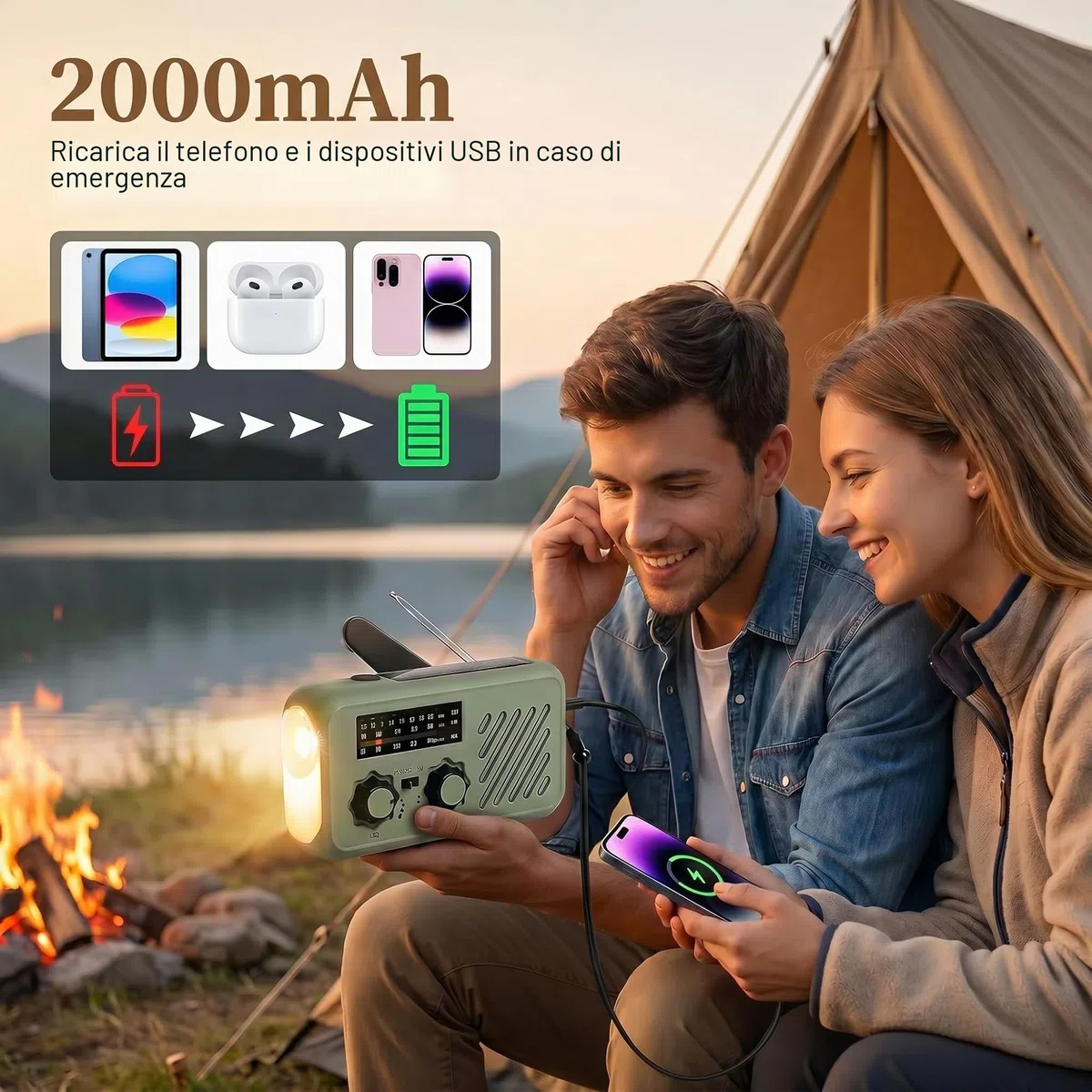 Radio Emergenza a Manovella con Solare & Power Bank 2000mAh, Radio AM/FM con Allarme SOS e Luce Lettura, Radio Dinamo per Blackout Campeggio Auto
