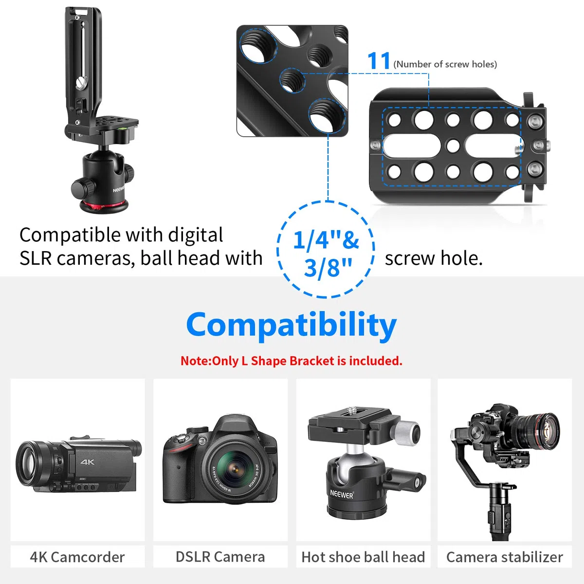 NEEWER Staffa a Forma di L Piastra QR Verticale Staffa Universale per Fotocamera DSLR con Base Arca a Vite 1/4" Compatibile con DJI Ronin Zhiyun Weebill Nikon Canon Sony Panasonic(Nera)