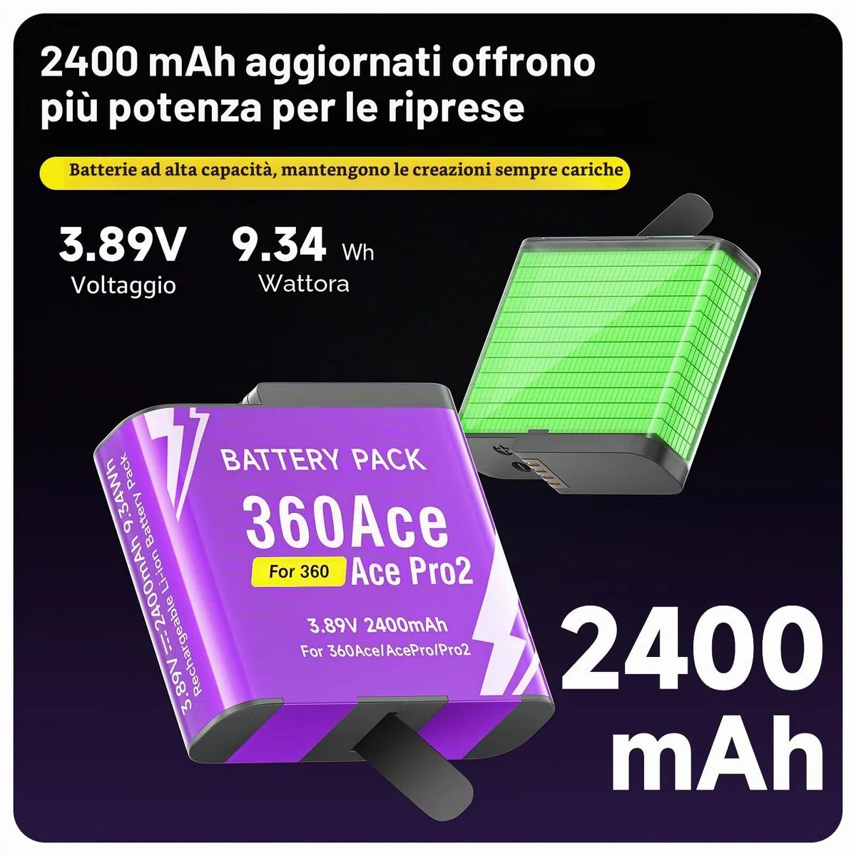 CITYORK [Confezione da 1] Batteria di ricambio da 2400 mAh per Insta 360 Ace / 360 Ace Pro/360 Ace Pro 2 Batteria per fotocamera, Kit batteria ricaricabile Accessori per fotocamera sportiva