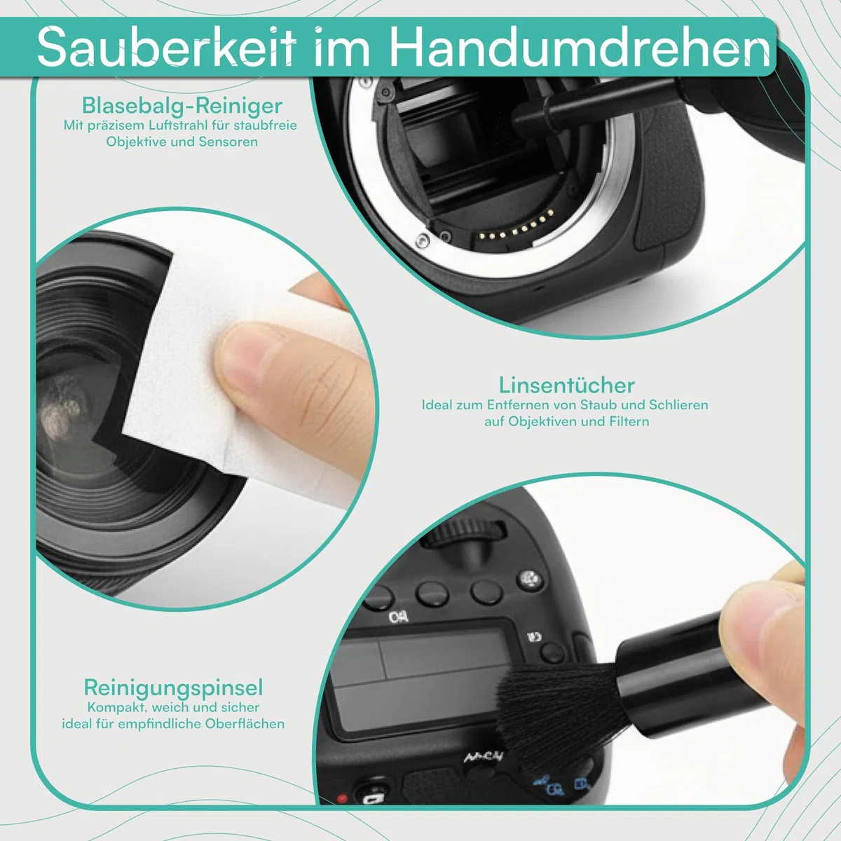 pixly Set di pulizia per fotocamera, 16 pezzi, professionale DSLR con soffietto, penna 2 in 1, pennello per la pulizia, guanti e panni in microfibra, per fotocamera, obiettivo e sensore