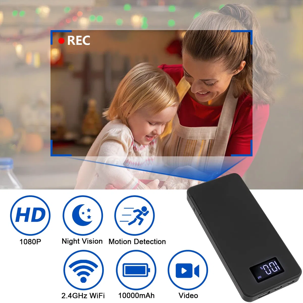 Telecamera Spia Telecamera Nascosta WiFi 4K/1080P Powerbank 10000mAh Portatile Telecamera di Sorveglianza Senza Fili con Visione Notturna, Allarme di Rilevamento del Movimento