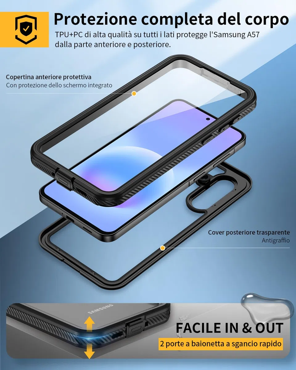 Lanhiem Cover Per Galaxy A57 5G Impermeabile [IP68 Waterproof e 360 Gradi Protezione] Custodia Subacquea Antiurto Resistente Rugged con Protezione dello Schermo per A57,Nero