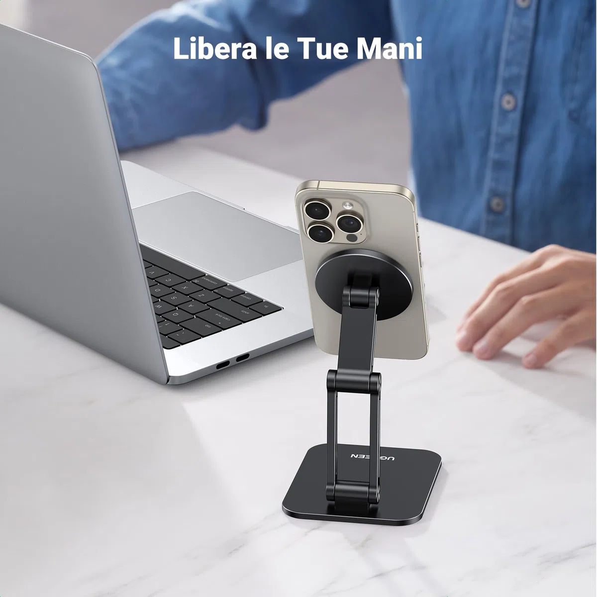 UGREEN Supporto Magnetico Magsafe da Tavolo Pieghevole con Anello in Metallo, Porta Cellulare Scrivania, Compatibile con iPhone 16 Plus Pro Max/15/14/13, Galaxy S23 Nero