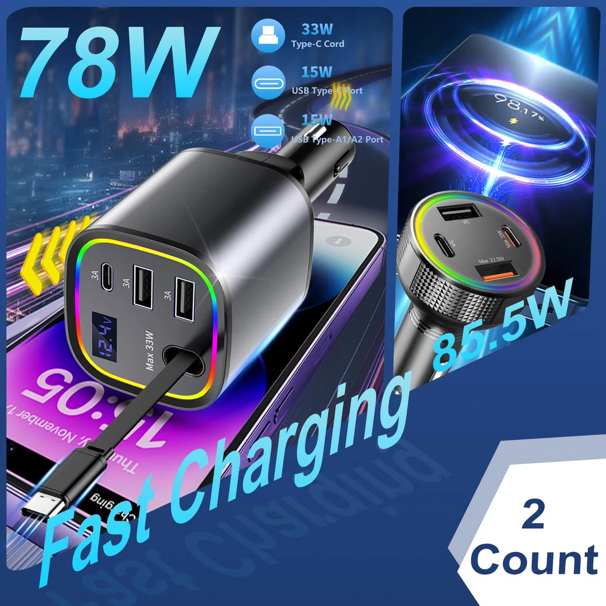 Caricatore Auto Accendisigari USB C (2pez), AGEMANY 4in1 Retrattile Caricatore con Cavo per Auto Cellulare & 4 Ports Rapido Caricatore Accendisigari Auto per iPhone Android, Auto Accessori 12V