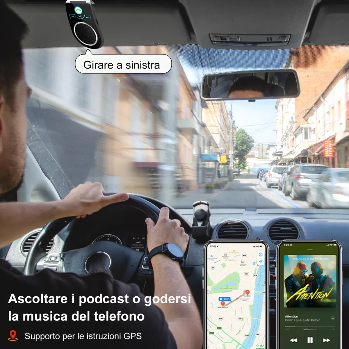 Kit Vivavoce Bluetooth 5.0 per Auto, Microfono Integrato,Vivavoce da Auto Bluetooth per Chiamate Viva Voce, Musicale, GPS, Connettività Dual Link, iOS Siri e Vocale Assistant