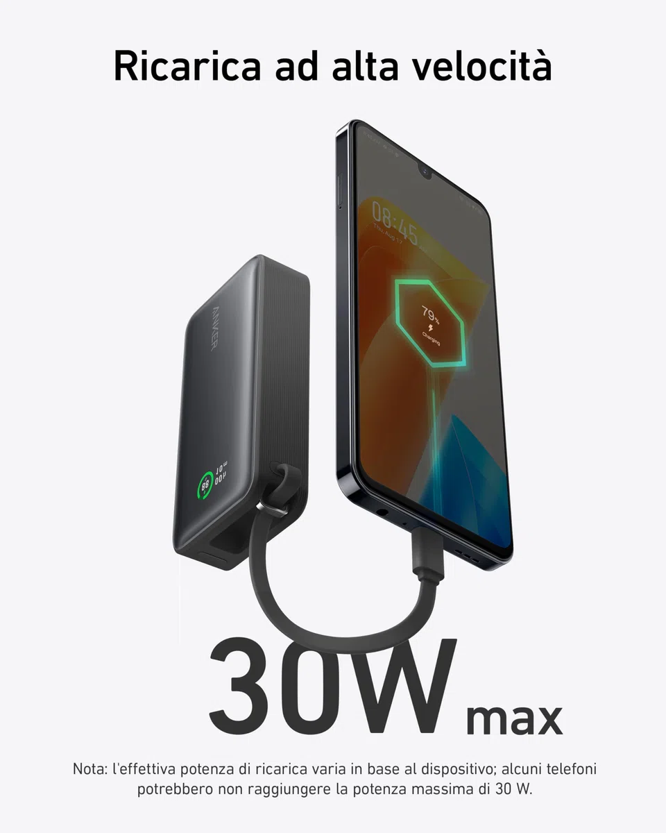 Anker Nano Power Bank Ricarica Rapida, 10000 mAh, con Cavo USB-C Integrato, PD 30 W, Potenza Massima con 1 USB C 1 USB-A, Compatibile con iPhone 17 pro max/16, MacBook, Samsung, iPad e Molto Altro