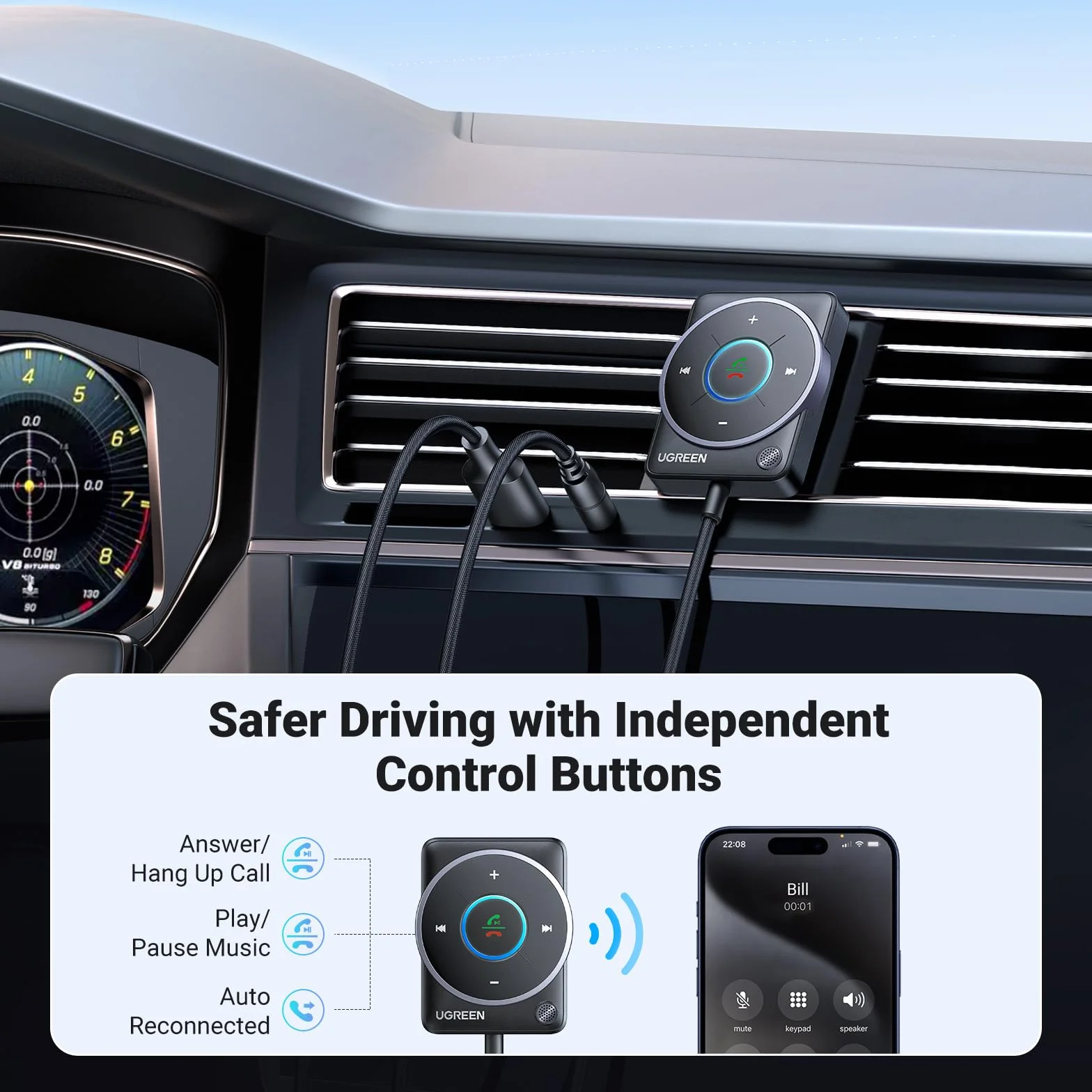 UGREEN Ricevitore Bluetooth 5.4 Adattatore per Auto con Jack AUX da 3,5 mm Pulsante Multifunzione Audio Wireless Chiamate in Vivavoce Doppia Connessione Luce RGB Compatibilità con Autoradio