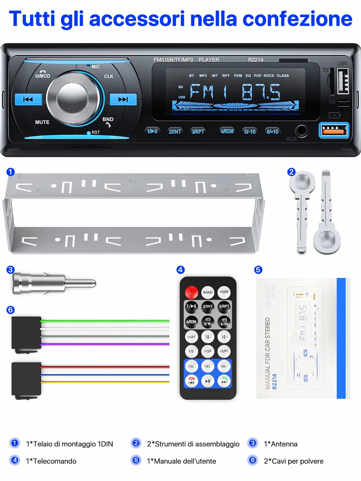 RDS Autoradio Bluetooth 5.0 Vivavoce, Chismos FM/AM Bluetooth Autoradio con telecomando, Supporto due USB/AUX in/SD/TF/WMA/WAV/MP3 Player, 1 DIN Stereo Radio 4x65W Supporto iOS Android