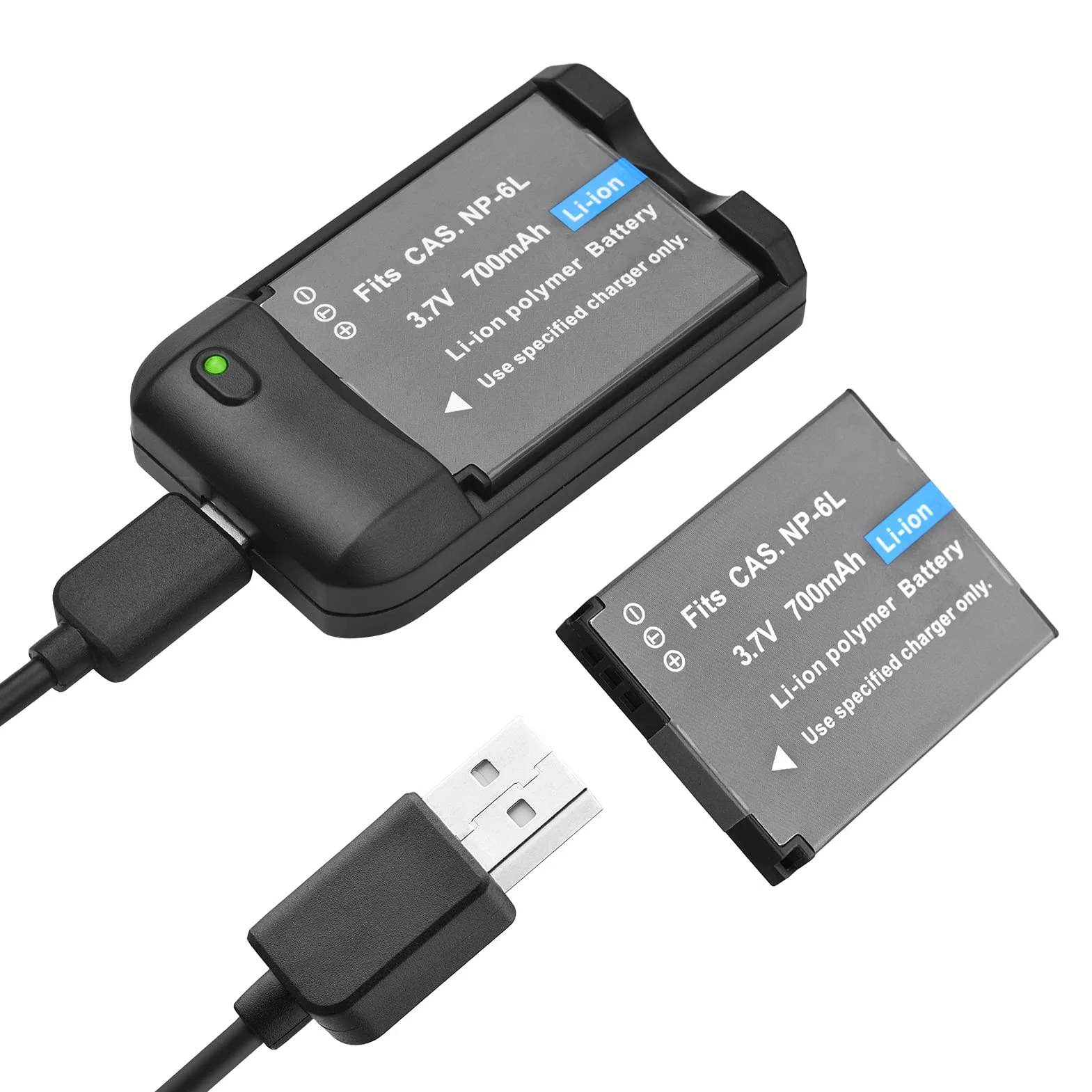 Andoer Caricabatteria NP-6L con spia LED + 2 batterie NP-6L 3.7V 700mAh con cavo di ricarica USB