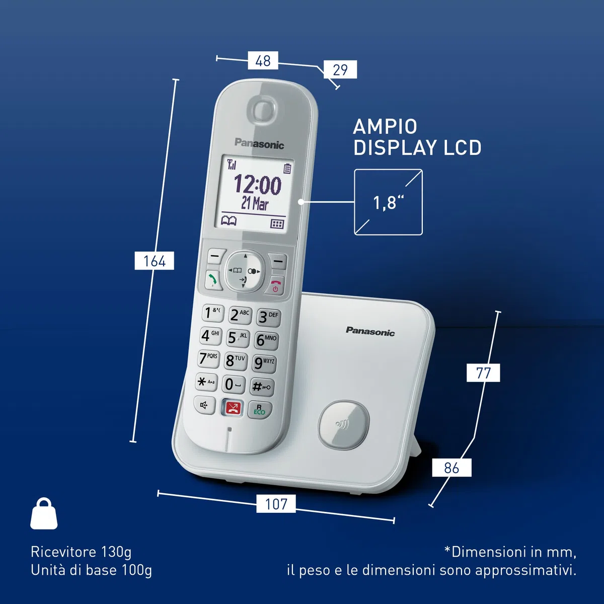 Panasonic KX-TG6851JTS Telefono Cordless Digitale, Unità Base e Ricevitore Singolo, ID Chiamante, Blocco Chiamate Indesiderate, Suoneria Categoria, Display LCD, Tastiera Illuminata, Argentato
