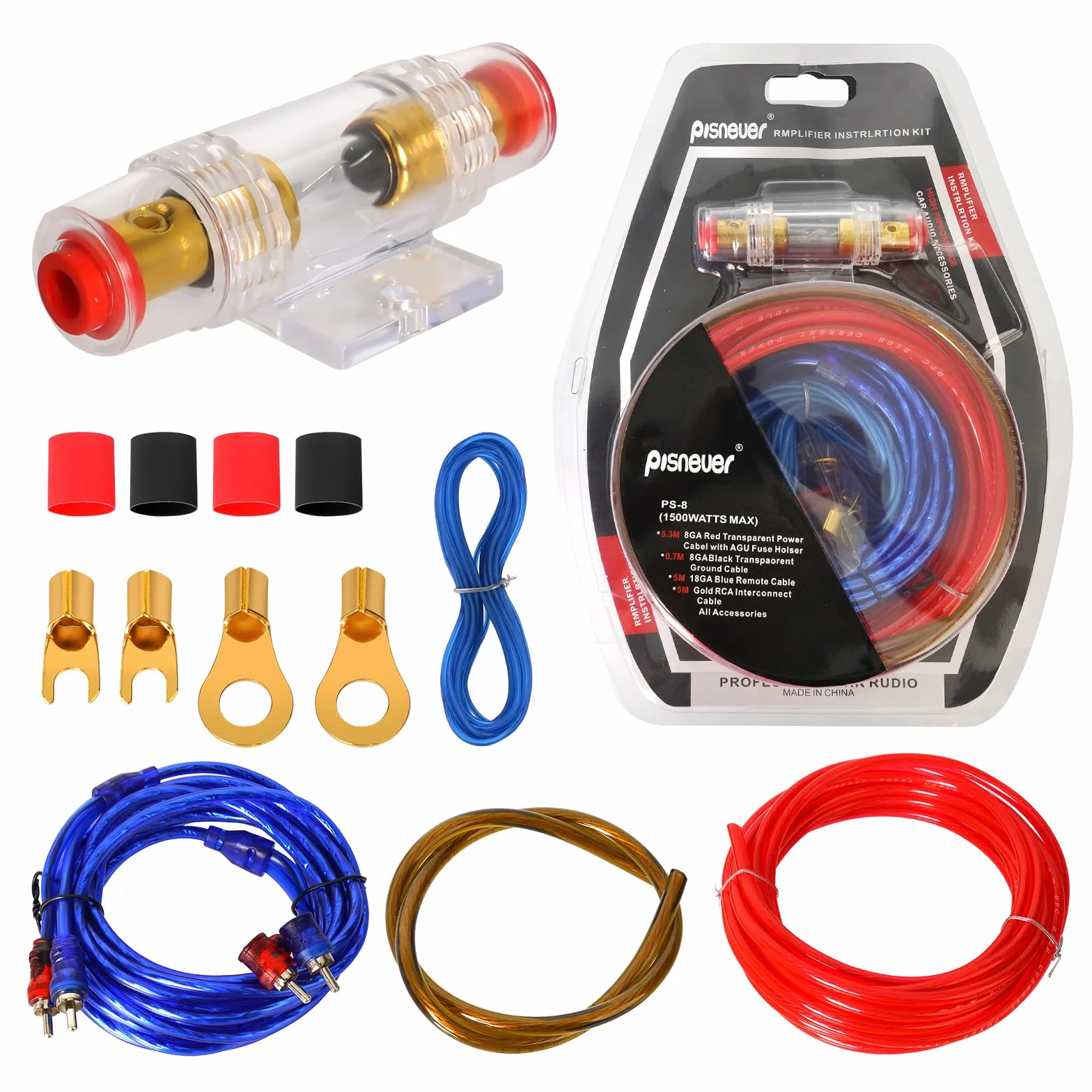15pcs Set di Cavi per Amplificatori per Auto, 10GA Kit Completo Audio Auto, Kit Cablaggio Amplificatore Auto Subwoofer Audio, 1500W Stereo Subwoofer con Fusibile per Auto Camion Moto