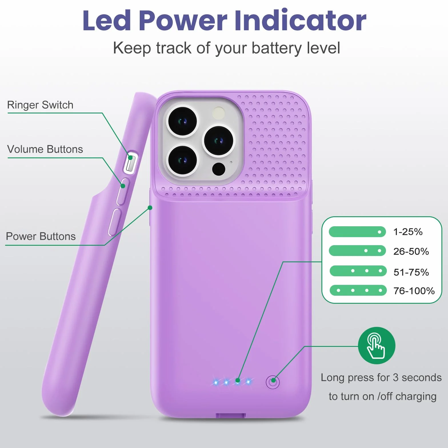 Feob Cover Batteria per iPhone 15 Pro (6,1"), 7500mAh 15W Cover Ricaricabile Battery Case Custodia Batteria Caricabatterie Power Bank per iPhone 15 Pro (6,1") Backup Charger Case-Viola
