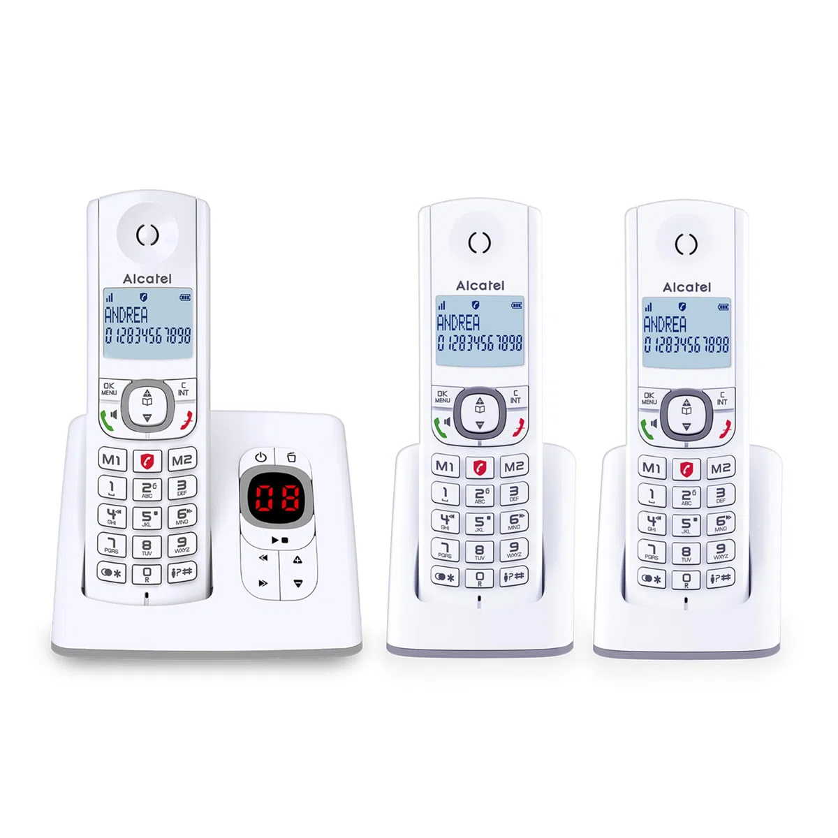 ALCATEL F530 Voice Trio - Telefono fisso cordless DECT con segreteria - Grande display - Vivavoce - Funzione blocco chiamate - 2 tasti di memoria diretta - 3 portatili - Bianco/Grigio