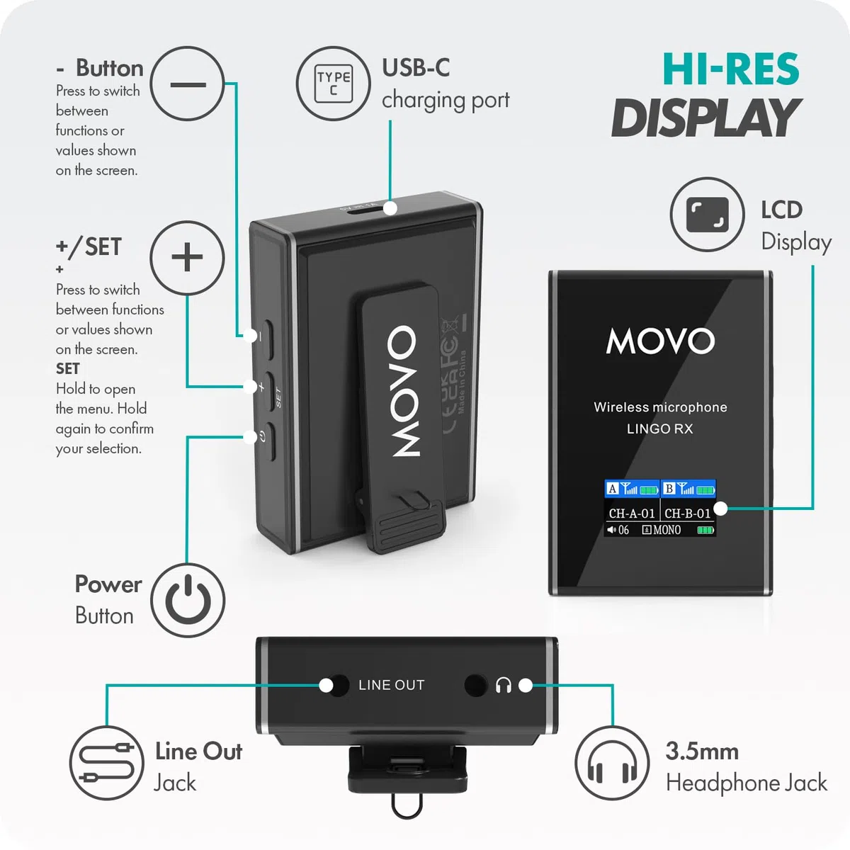 Movo Lingo-Duo - Sistema microfono lavalier wireless UHF a 48 canali per fotocamera, compatibile con fotocamere DSLR Canon EOS, Nikon e Sony, per filmmaking, vlogging, interviste, creazione di