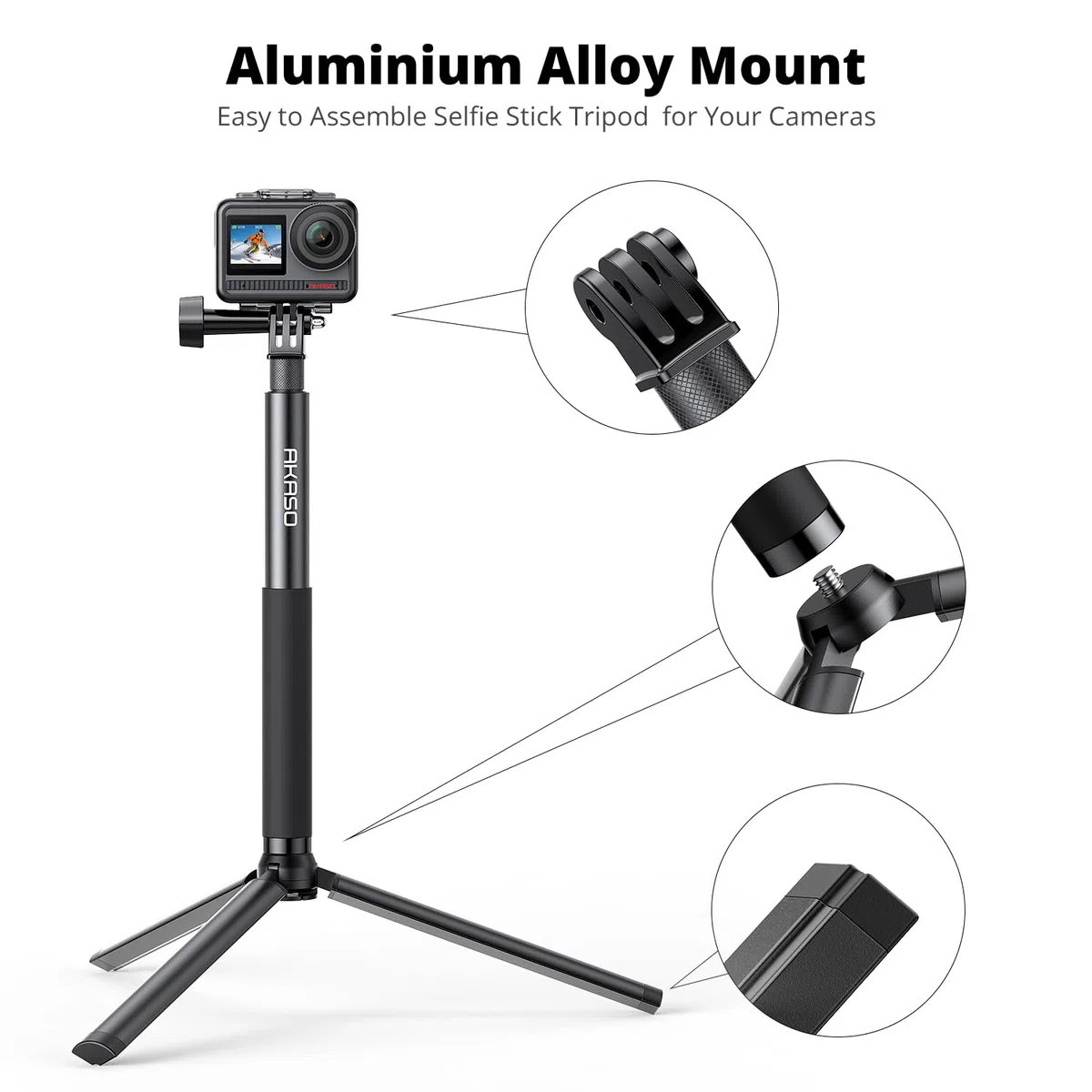 AKASO Asta per selfie estensibile fino a 120 CM, treppiede 19 CM, compatibile con fotocamera sportiva AKASO EK7000/Brave 4/Brave 7 Le/Brave 7/V50X/V50 Elite/DJI Osmo Action Camera