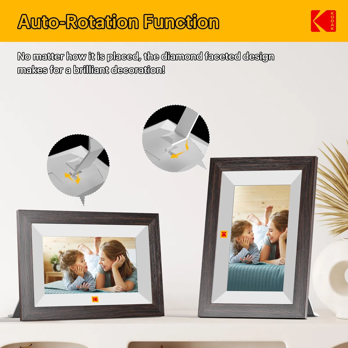 KODAK Cornice Digitale WiFi Cornice Foto Digitale, 7 Pollici HD IPS Touchscreen, Legno Cornici Elettronica con 32GB di Memoria, Portafoto Digitale Condivisione di Foto/Video via APP o Cavo di USB C