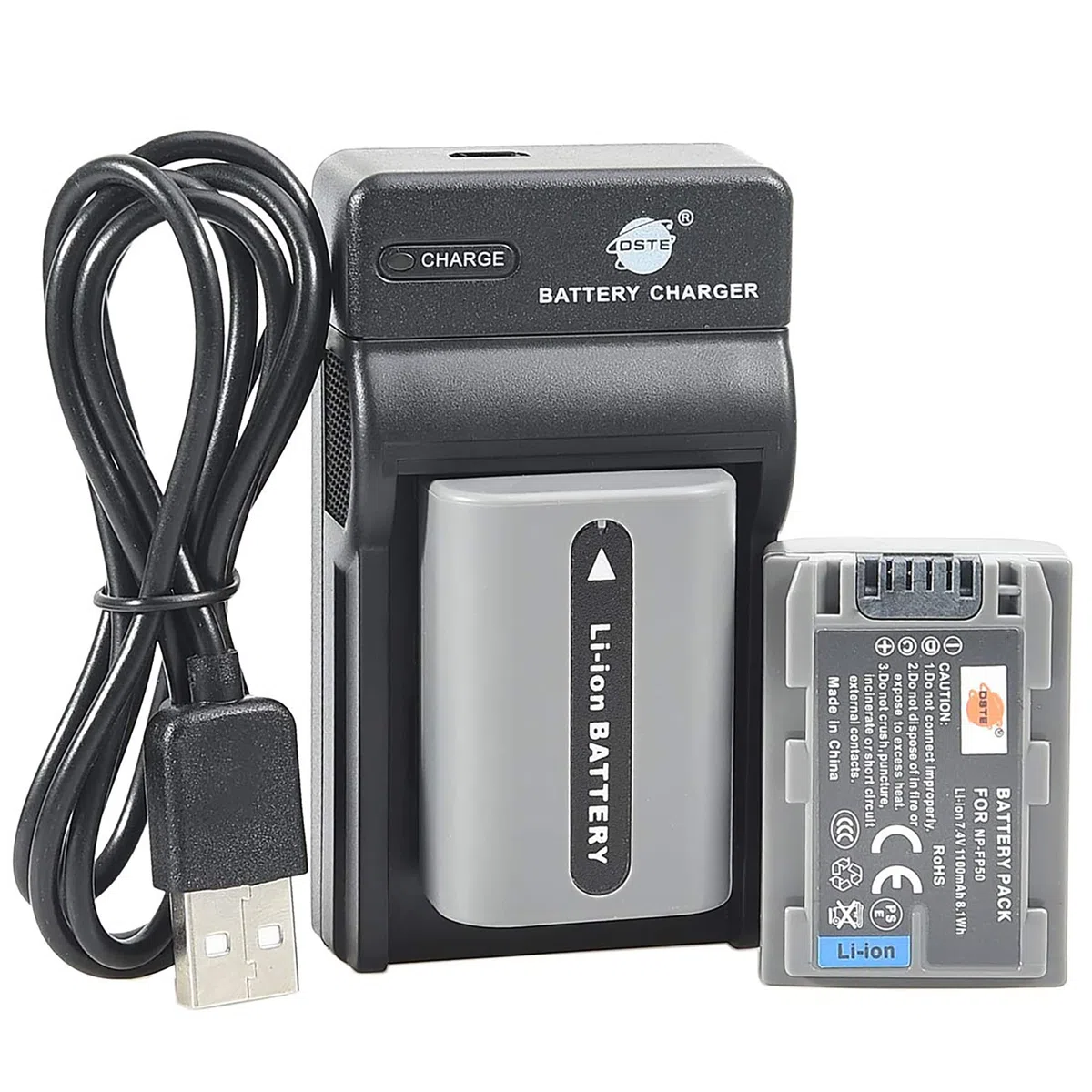 DSTE NP-FP50 Li-ION - Batteria (2-Pack) e caricabatterie USB per Sony DCR-DVD103, DCR-DVD105, DCR-DVD203, DCR-DVD205, DCR-DVD305, DCR-DVD92, DCR-HC20