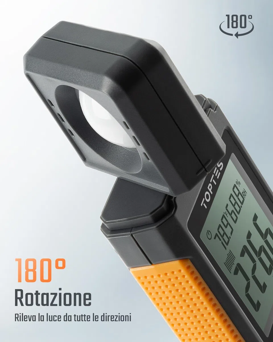 TopTes TS-710 Luxmetro Digitale, Luxmetro Portatile con Sensore Rotato di 180º, Schermo LCD Retroilluminato, Unità Lux/FC, per Interni LED ed Esterni per Piante - Batteria Inclusa