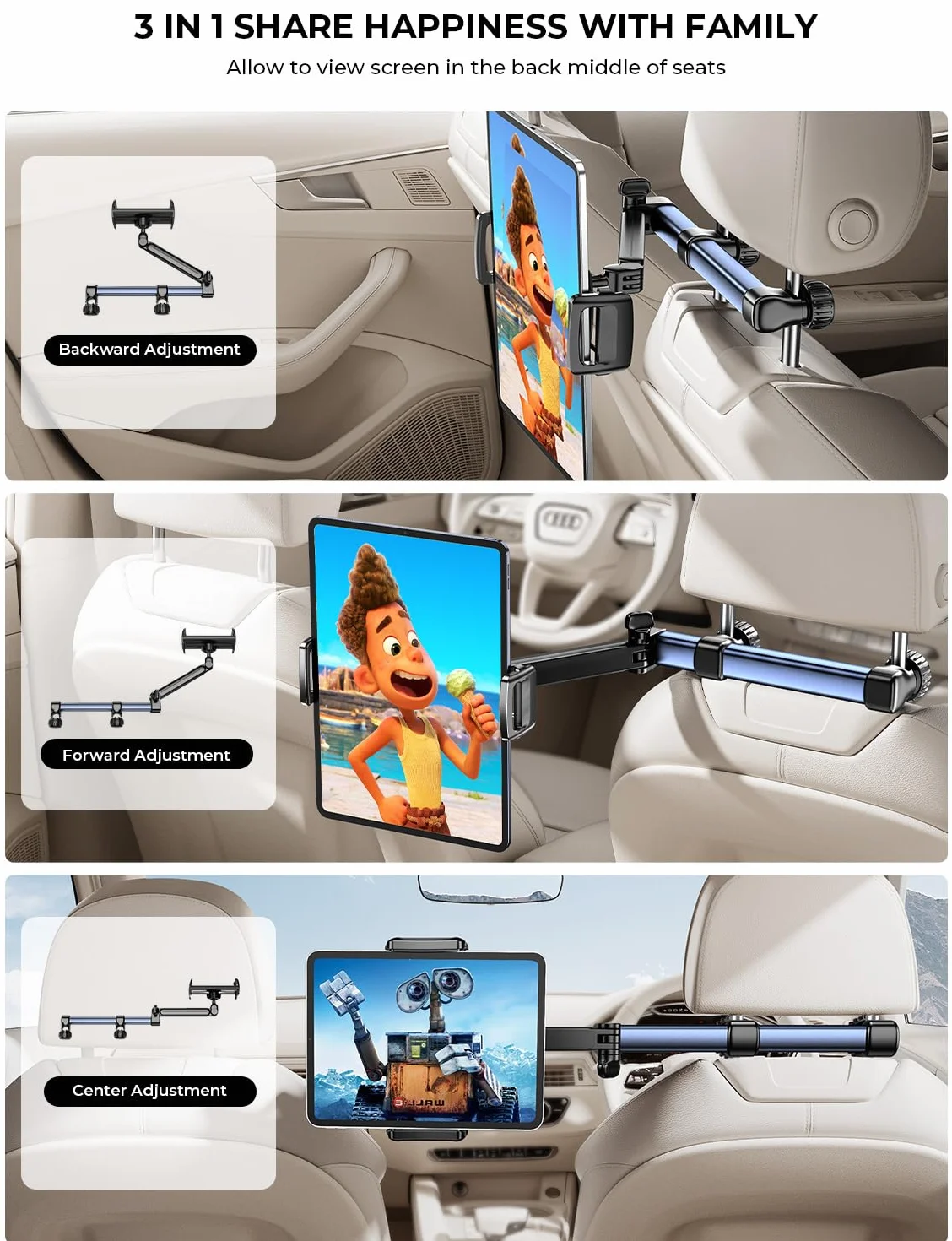 TRYONE Supporto Tablet Poggiatesta Auto [46CM Braccio Ultra-Lungo] [ 3 in 1 Estensibile] Porta Tablet Sedile d'Auto Bambin per iPad/per Sumsung Tab/eReader/Switch/Cellulare/Altri ecc di 4,7-13 Pollic