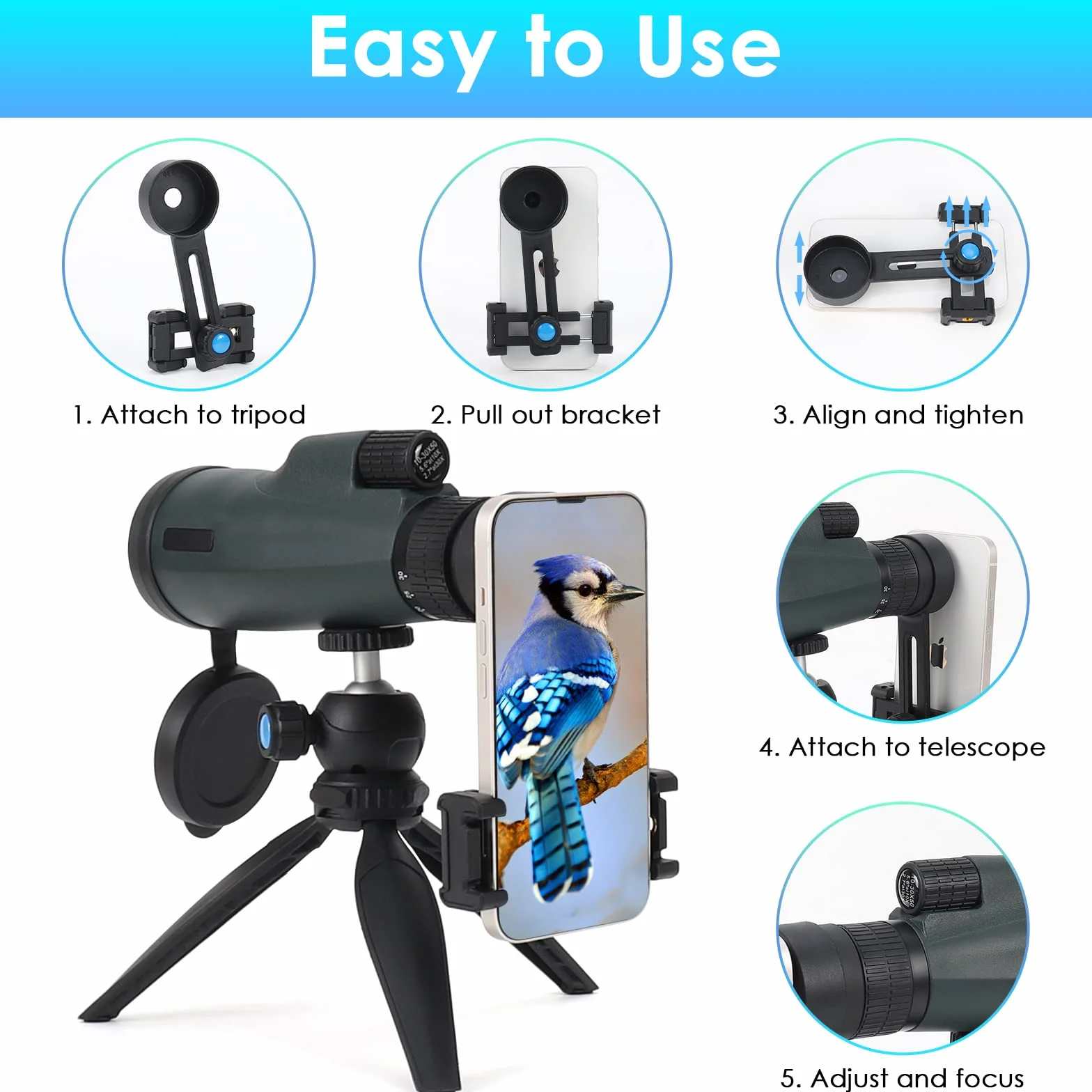 Telescopio Monoculare 10-30x50 HD, Czemo Professionale Monocoli Telescopio Zoom Impermeabile Monocular con Treppiede Supporto per phone, Prisma BAK-4 e FMC Canocchiale,per Bird Watching,Caccia