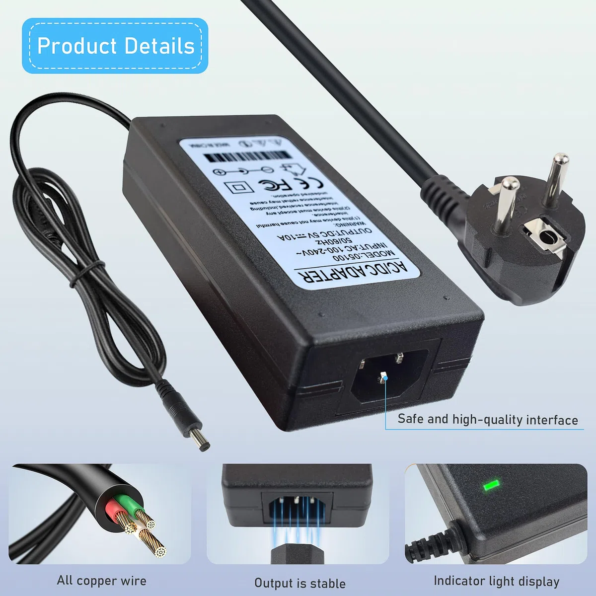 5V 10A Alimentatore, 50W Adattatore DC 5V ad Alta Corrente, Alimentatore Universale per Strisce LED, Monitor LCD, Stampante 3D e Altri Dispositivi, Hub di Ricarica Multi-Dispositivo