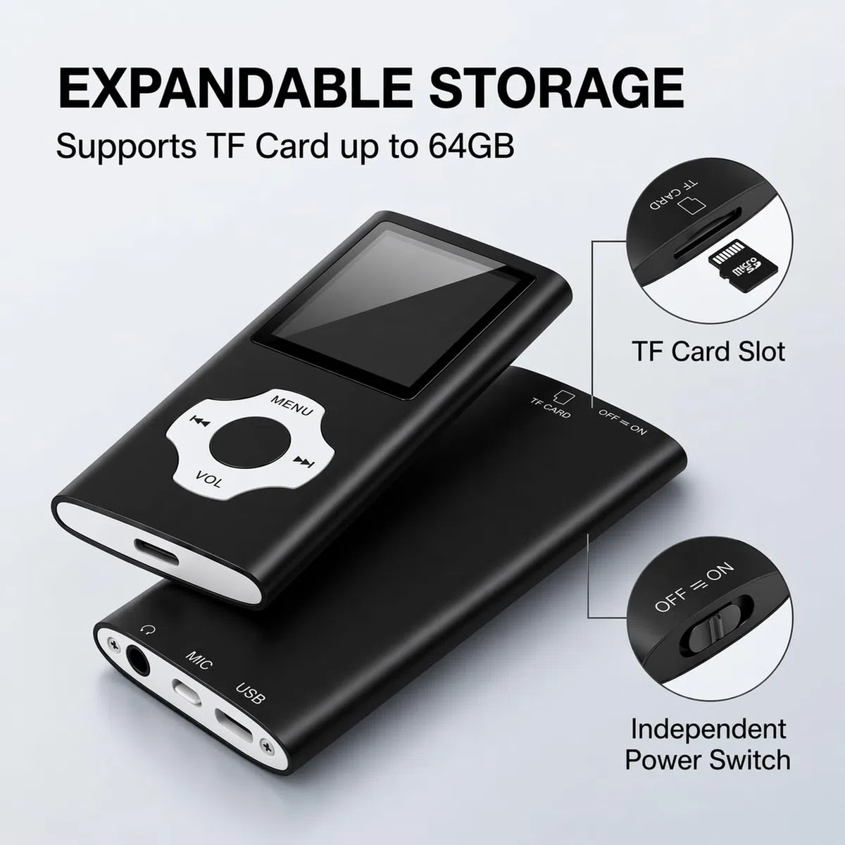 Lettore MP3 32GB Portatile HiFi in Metallo con Schermo 1,8", Lettore Musicale MP4 con Radio FM, Memoria Espandibile fino a 128GB, Riproduzione 18 Ore, Registratore Vocale per Sport e Viaggi