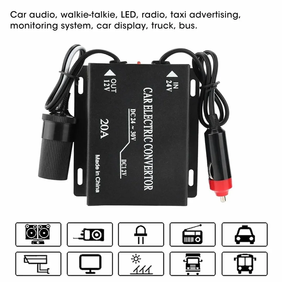 DollaTek Convertitore di alimentazione per auto da 24 V a 12 V con presa accendisigari, 20 A, nero, uscita 12 V CC, 240 W, confezione da 1