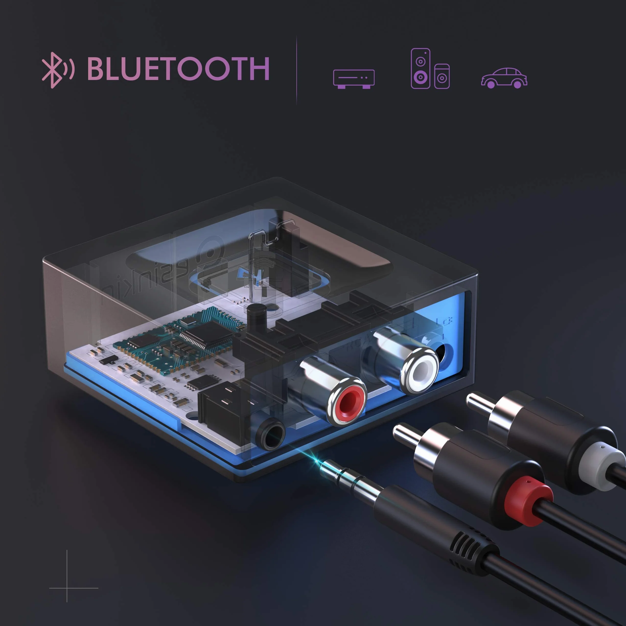 esinkin Ricevitore Audio Bluetooth Wireless, Adattatore Bluetooth può funzionare con PC/Mac/Smartphone/Tablet/Ricevitore AV, Uscite Audio 3.5 mm e RCA alle Casse Altoparlanti, ‎Pulsante One-Push