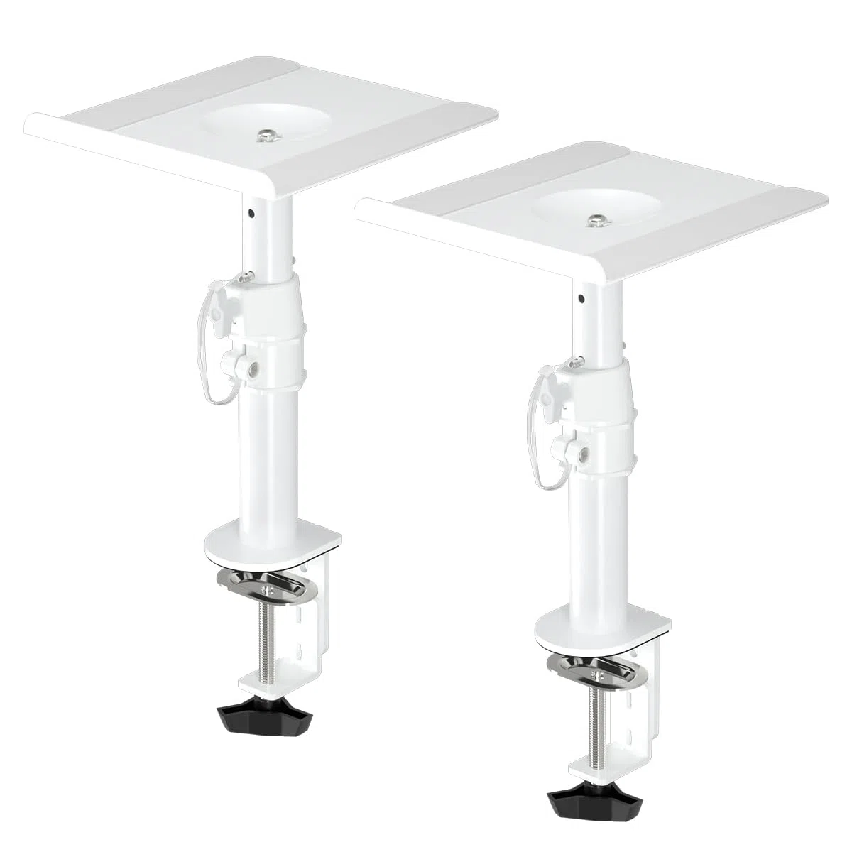 suptek SDM001W - Supporto da scrivania per altoparlanti con morsetto, vassoi da 24,4 x 22,4 cm, regolazione dell'altezza e inclinazione, supporti audio universali per computer e altoparlanti da