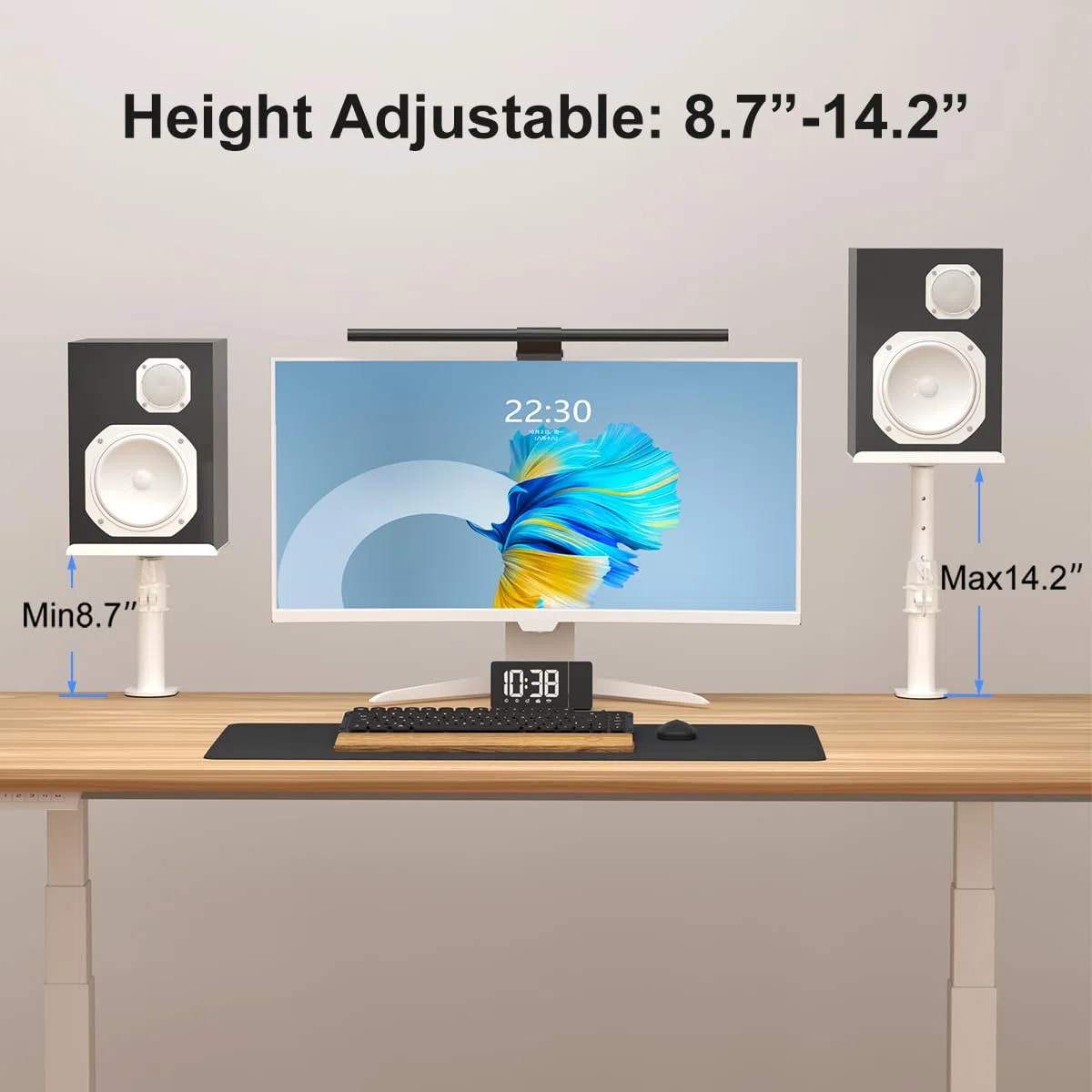 suptek SDM001W - Supporto da scrivania per altoparlanti con morsetto, vassoi da 24,4 x 22,4 cm, regolazione dell'altezza e inclinazione, supporti audio universali per computer e altoparlanti da