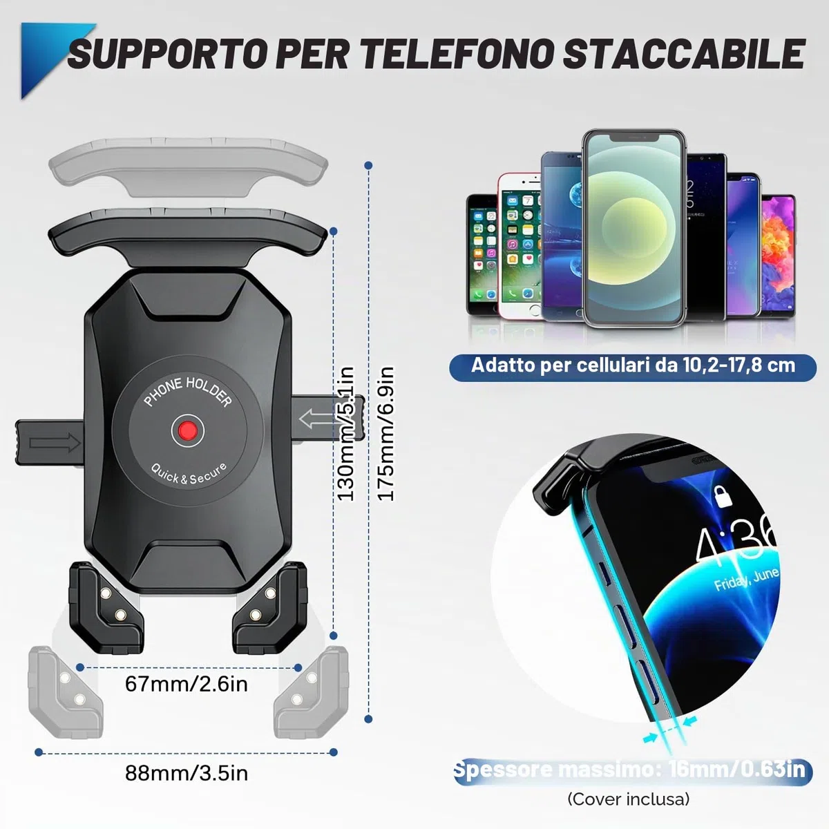 Porta Cellulare Moto, 360 Gradi Rotabile Porta Telefono Moto Antivibrazione Supporto Cellulare Scooter Specchietto Anti-shake Supporto Smartphone Scooter per Telefono da 4.0-7.0 Pollici (Nero)