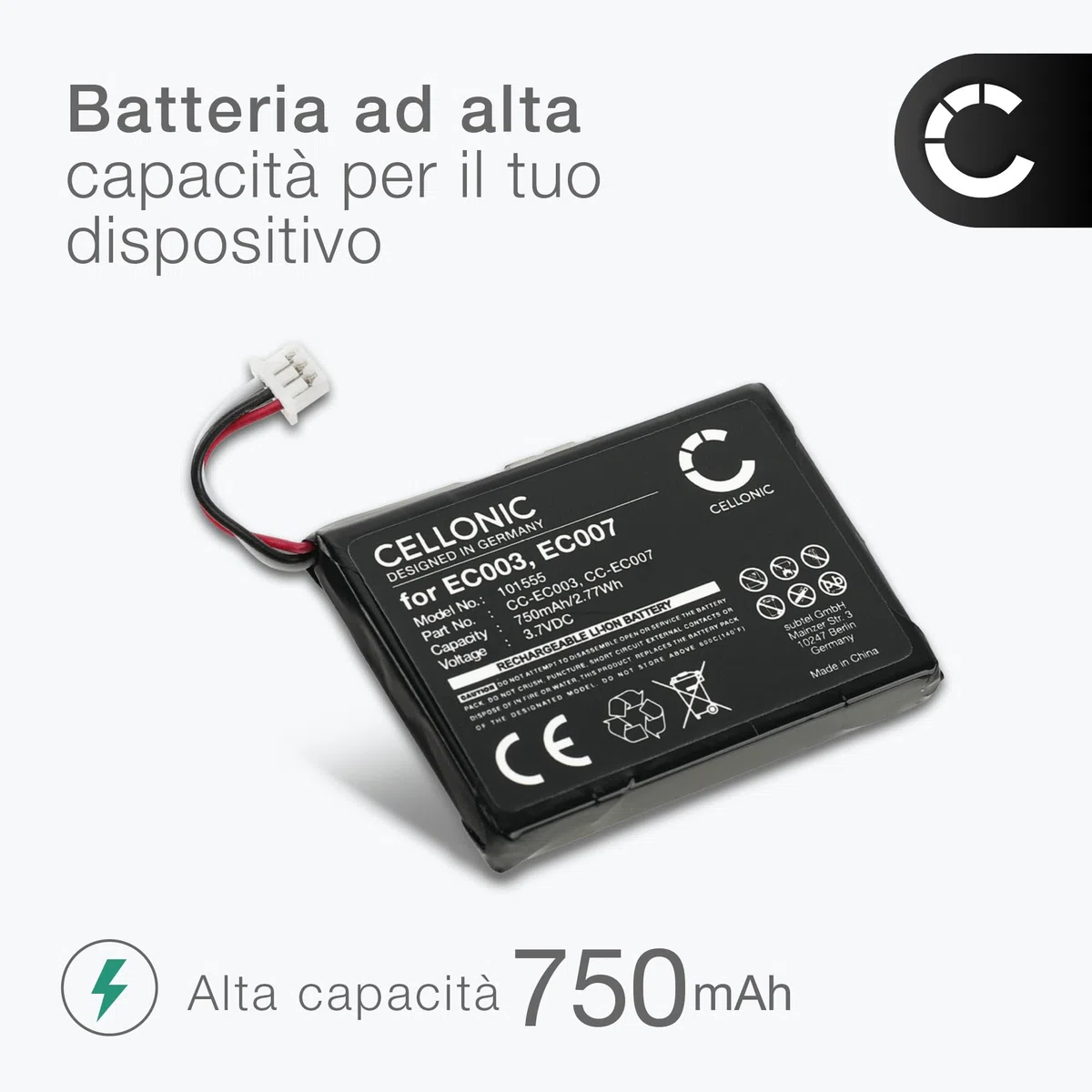 subtel, Batteria per Lettore MP3 compatibile con Apple iPod mini 1 Gen. - A1051, 2 -, EC003, 1G (3.7V, 750mAh)
