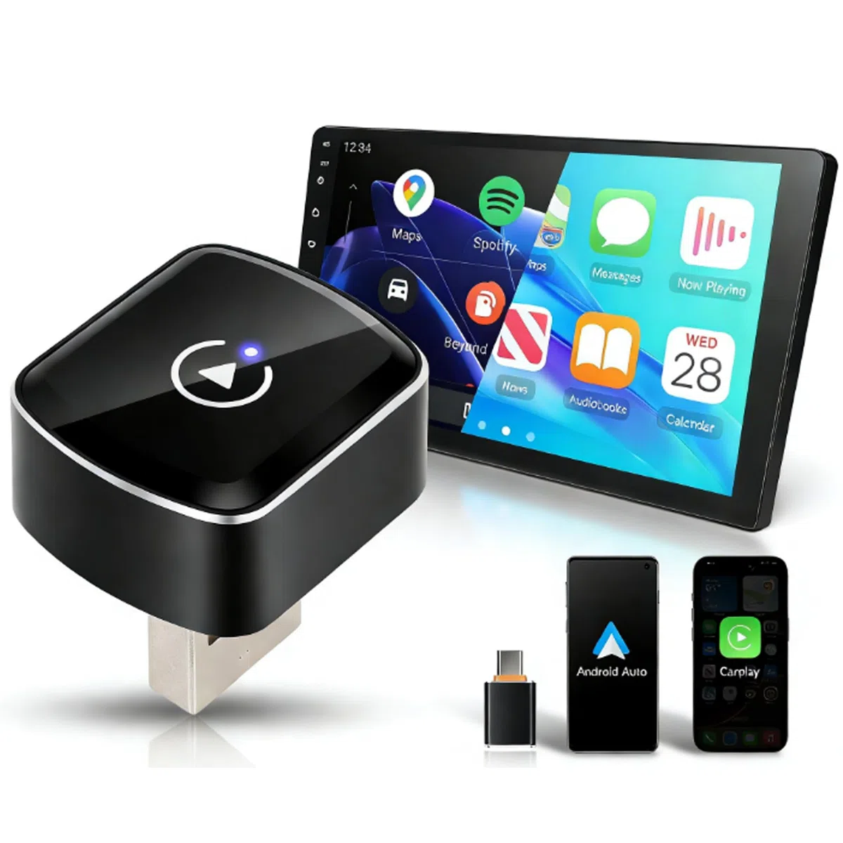 2 IN 1 Senza Fili Carplay e Senza Fili Android Au-to Adattatore, Stick per Convertire Android Auto/Car Play Cablato in Wireless per auto con CarPlay Cablato, Wireless Car Play Adattatore USB/Tipo-C