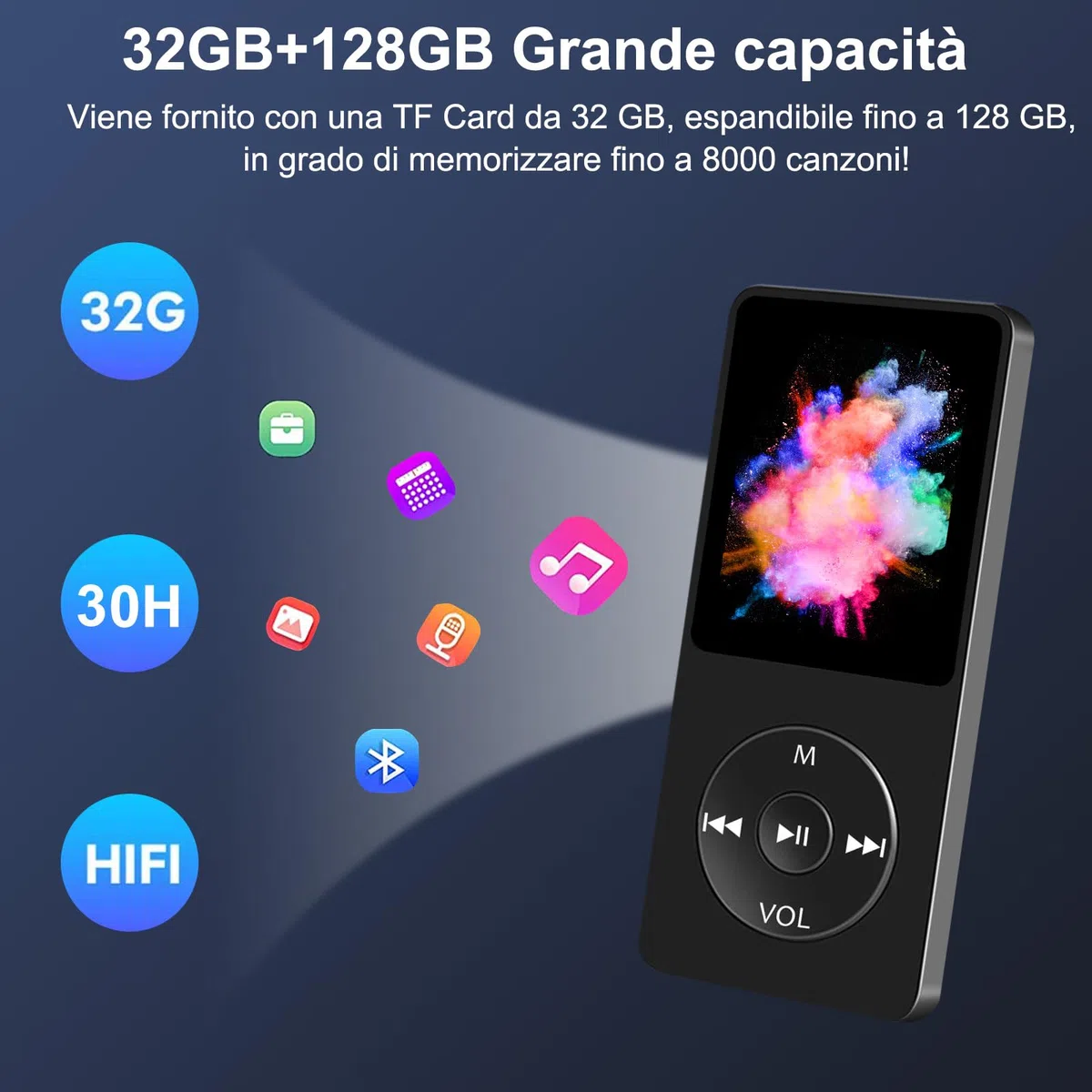 Lettore MP3 Bluetooth, 32GB Lettore MP4 Portatile HiFi Lossless Sound, MP3 Player Musicale Lettore con radio FM/Registratore Vocale/Video/E-Book, Suppota TF Fino a 128G (Cuffie Incluse)