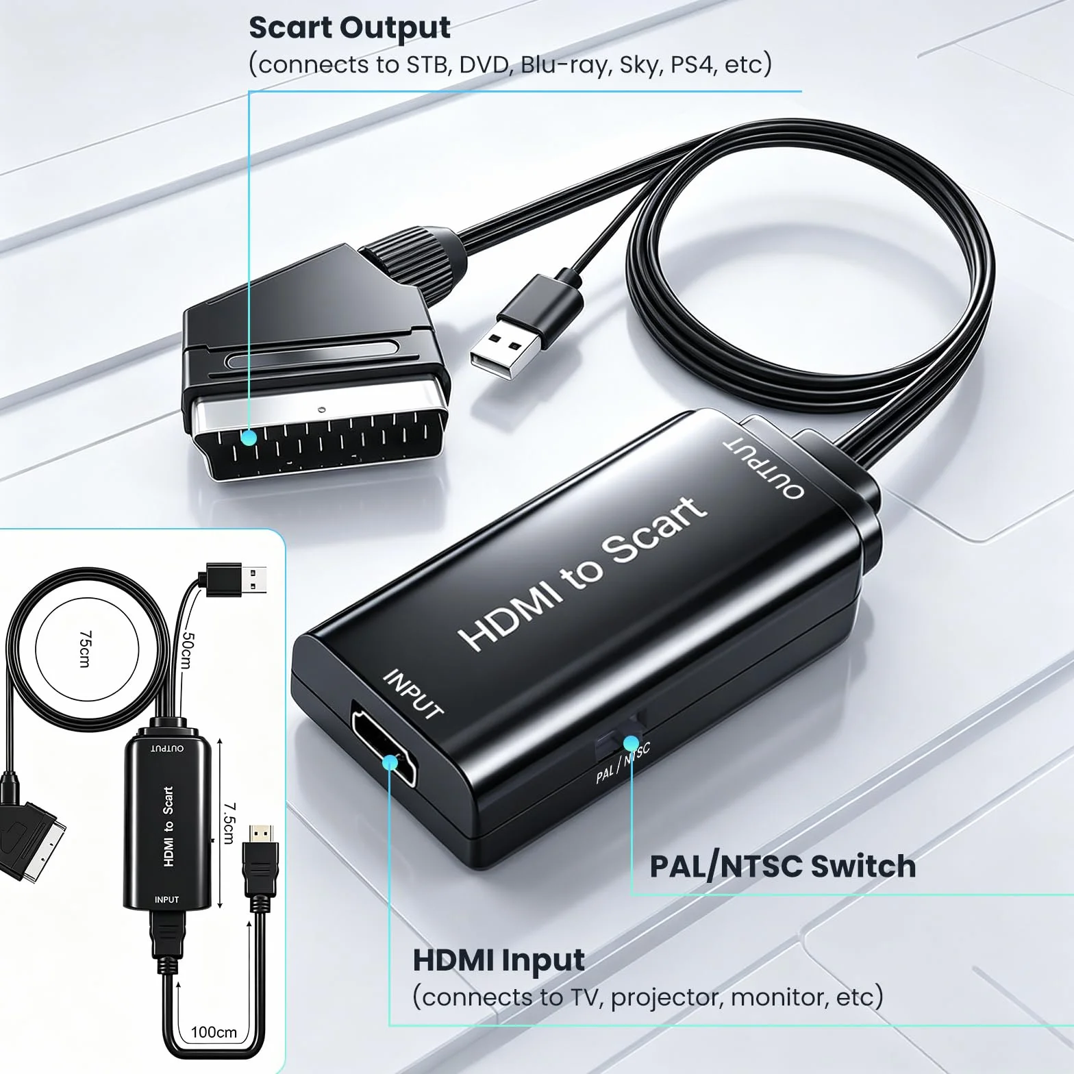AMANKA HDMI a Scart Convertitore, 480i-1080P HDMI Ingresso SCART Uscita Adattatore Con HDMI e USB Cavo con HD Stereo Audio Adaperter per DVD HDTV SKY PS VHS ecc