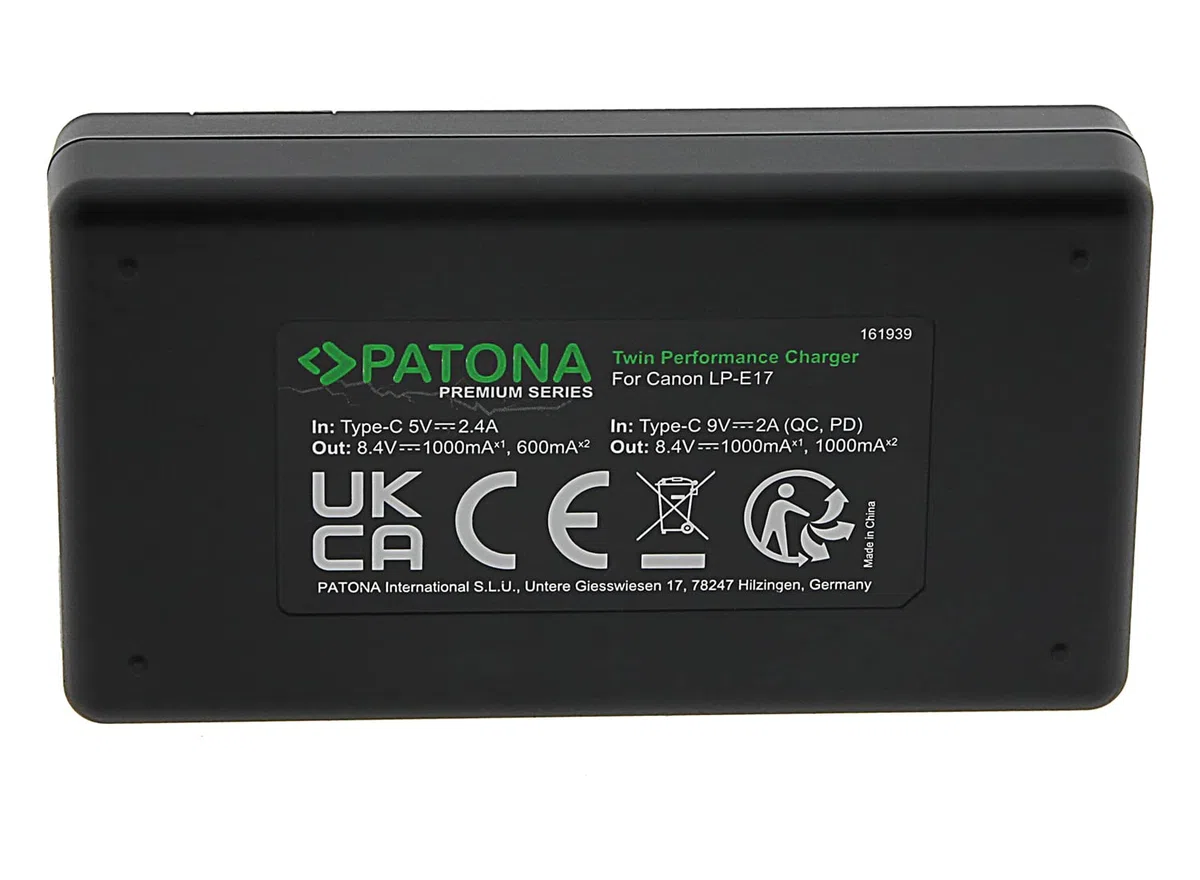 PATONA LP-E17 Premium Caricabatterie PD-Performance (1000mAh), Caricatore Dual LCD USB-C PD/QC capace, ricarica rapida con alimentatore 20W compatibile con Canon EOS RP R8 R10 R50 M3 M5 M6 Rebel SL3