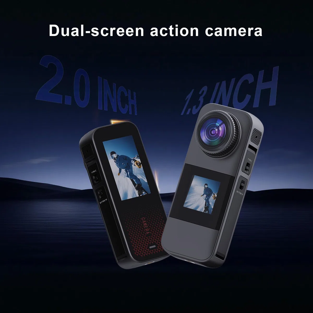 Action Cam Dotato di scheda di memoria 32GB, doppio schermo Telecamera Moto,Action Cam con batteria ricaricabileda 2 x1350 mAh e set di accessori(grigio nero)
