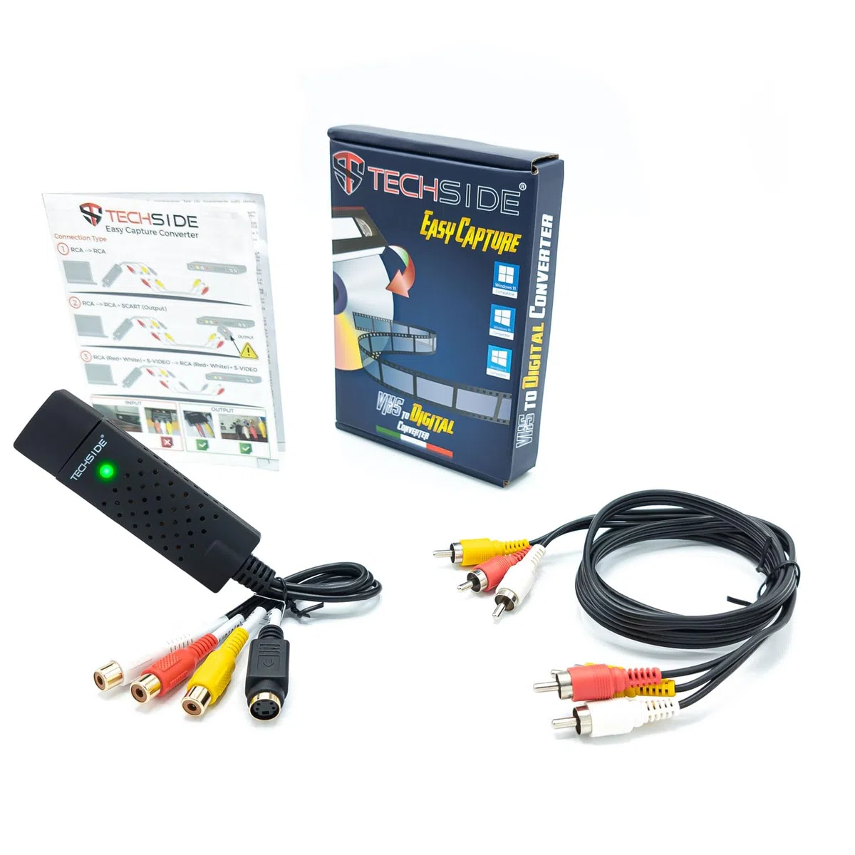 TechSide Video Grabber Contatti Dorati + Cavi RCA | Analogico Digitale | Windows 11 + Nuovo Software 2024 | USB 2.0 Converter VHS Capture | Converti Formato Digitale Mpeg Le Vecchie Videocassette
