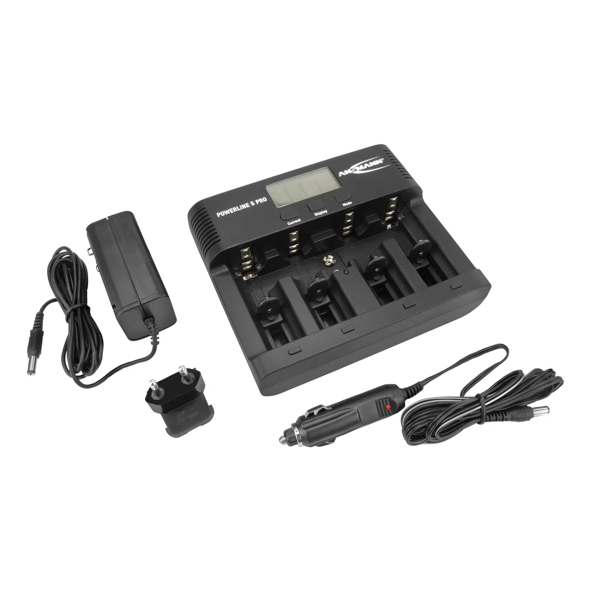 ANSMANN Caricabatterie Powerline 5 Pro - Stazione di ricarica per batterie ricaricabili AAA AA C D E-Block 9V - Caricatore tester pile NiMH porta USB