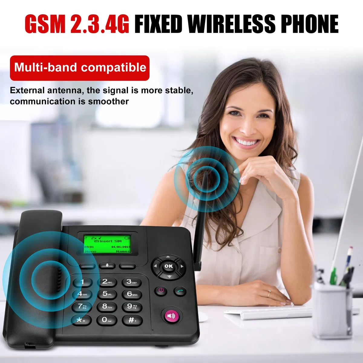 Lychee 2, 3, 4G Telefono Fisso Senza Fili: Dual SIM, Multilingue (Tedesco Incluso), Grande Schermo con Retroilluminazione, Telefono da Scrivania per Ufficio, Hotel o Uso Domestico