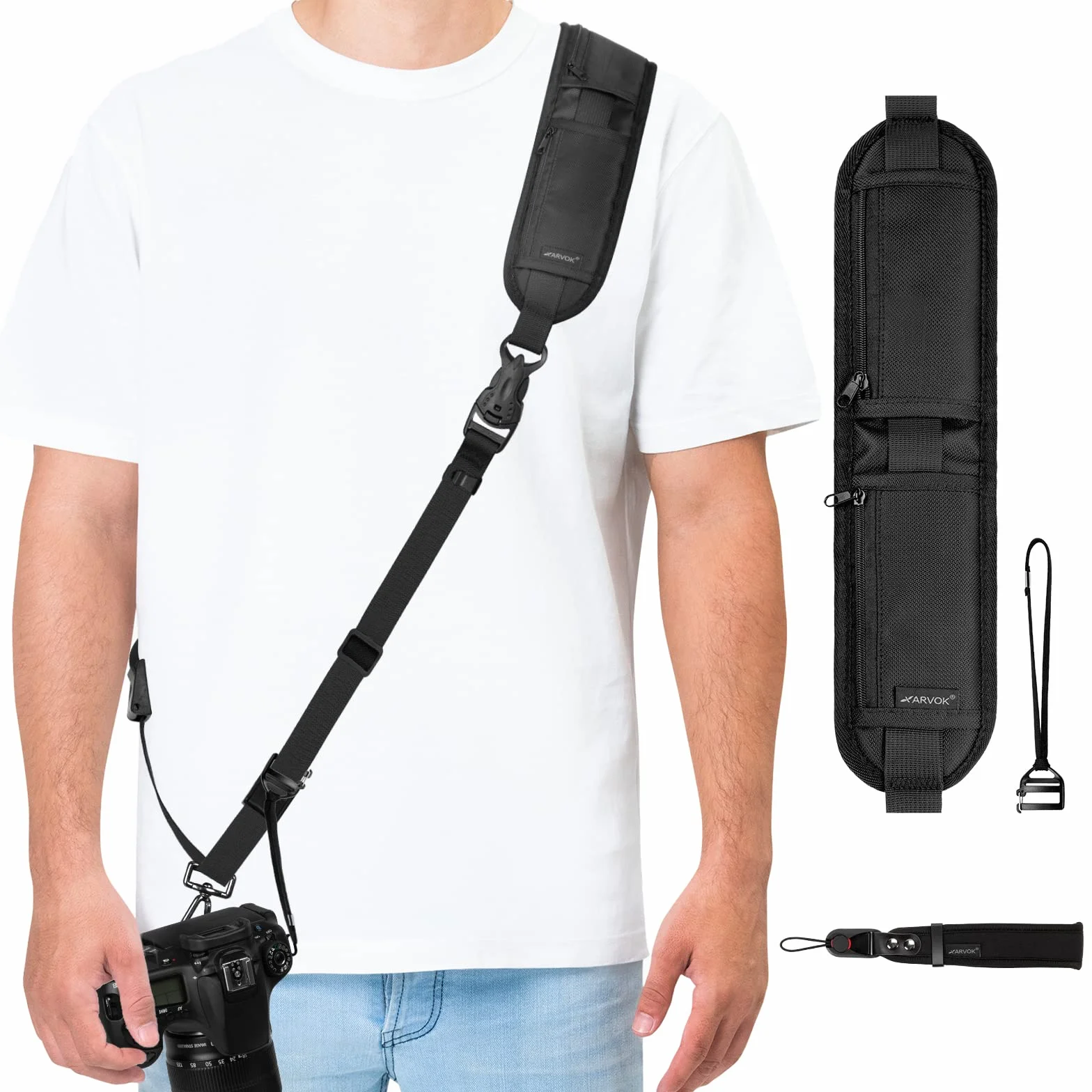 Arvok Tracolla Macchina Fotografica, Set di Tracolla Fotocamera e Cinturino da Polso, Cinghie per Fotocamera con Sgancio Rapido e Cordino di Sicurezza, Regolabile Tracolla per DSLR/SLR Fotocamera