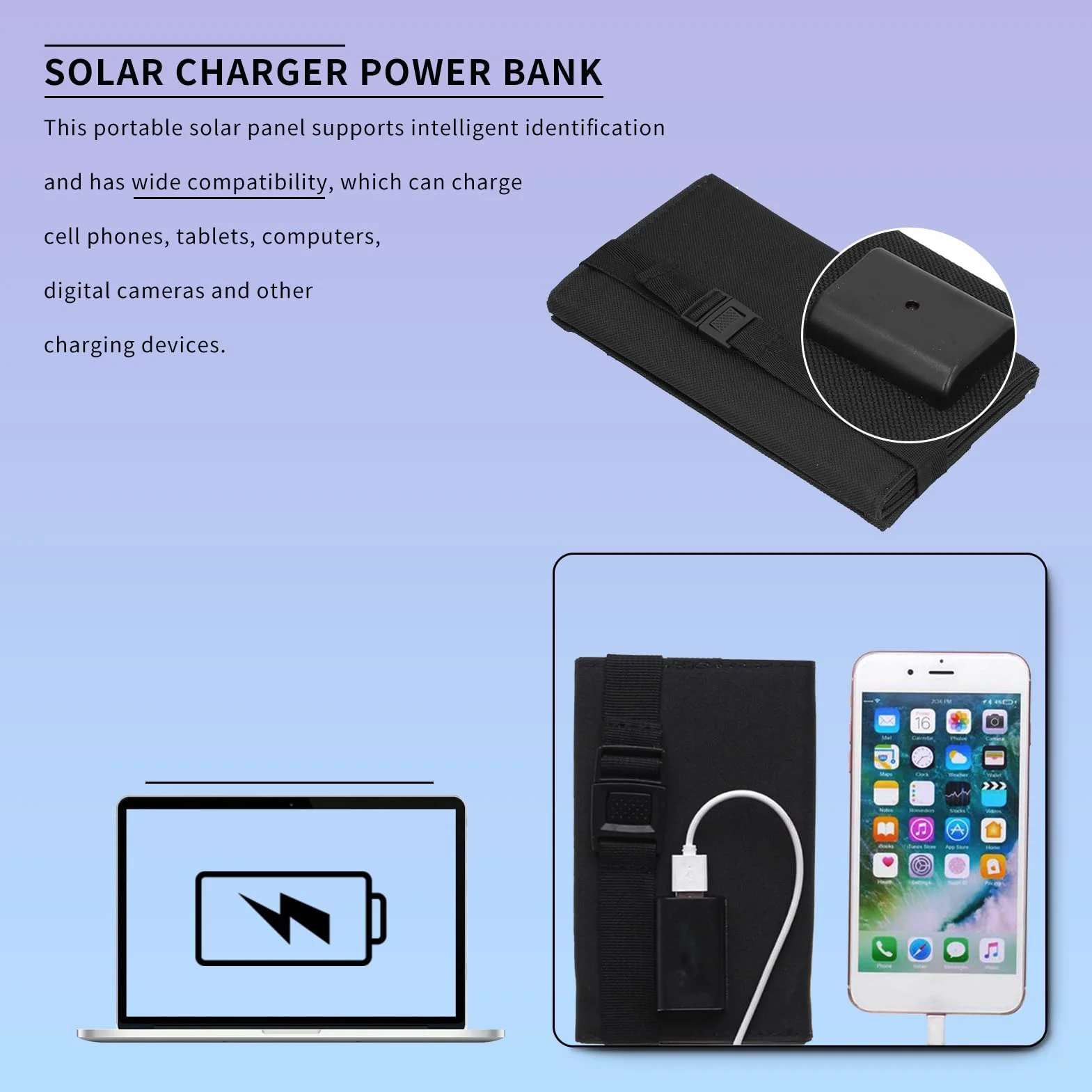 Gugxiom Pannello Solare Portatile da 20 W, Caricatore per Pannello Solare USB Pieghevole, Impermeabile IP65, Uscita USB5V, Pannelli Solari Aperti 480x185mm per Telefono, Laptop, Tablet, ECC.(Nero)