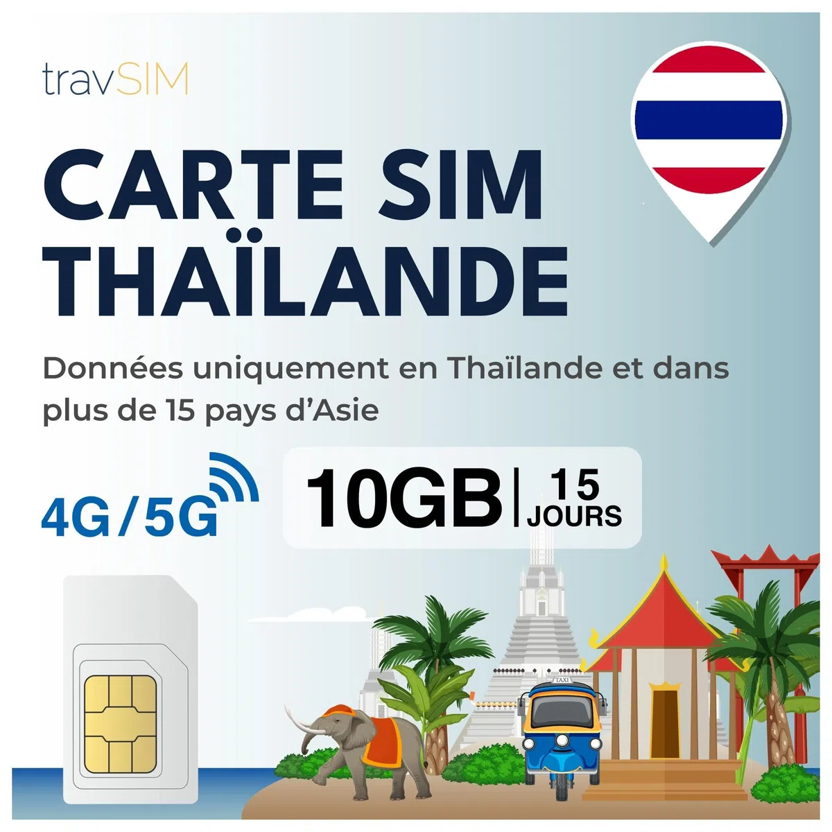 travSIM SIM Thailandia | 10GB di dati (velocità 4G/5G) | Valida per 15 giorni | Solo dati | Utilizza Whatsapp, Facebook, Instagram ecc. | Utilizzabile in Thailandia e in 15 paesi+ in Asia
