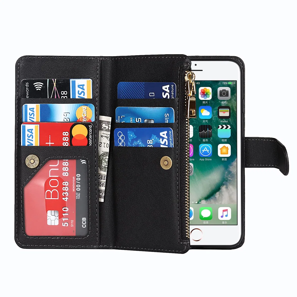 Cavor Cover Compatibile Con iPhone 7/8/SE 2020/2022 con Cordino,Flip Portafoglio Custodia pelle,[9 Porta Carte][Magnetico],Custodia Cover con Laccio Compatibile Con iPhone 7/8 - Nero