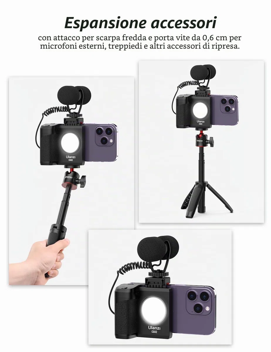 ULANZI CapGrip CG02 Smartphone Grip, Impugnatura per Smartphone con Telecomando Bluetooth, iPhone Camera Grip con Luce Regolabile su 3 Livelli per Catturare Selfie