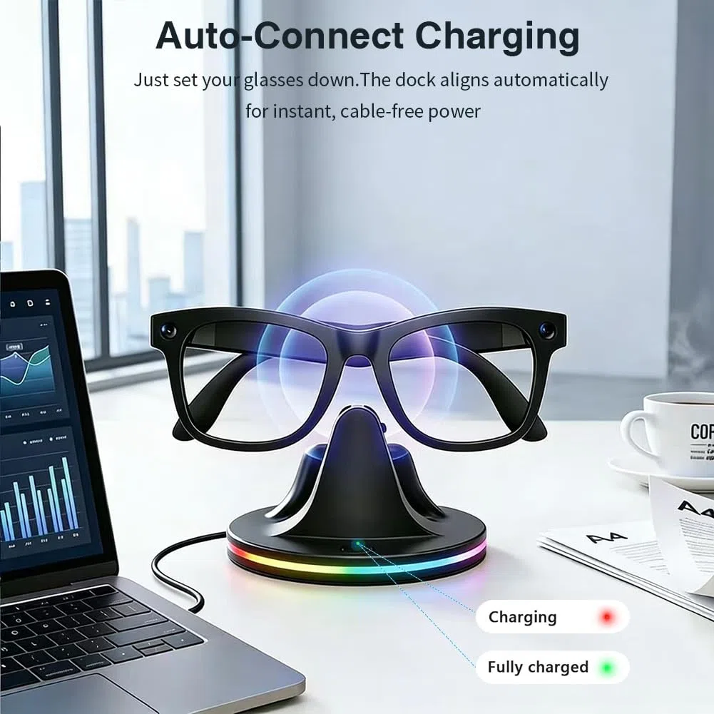 Supporto di ricarica compatibile per occhiali Ray-Ban Meta Smart, Portatile per Wayfarer, compatibile con Wayfarer, Skyler, Headliner con indicatore LED e cavo di ricarica USB-C (Nero-RGB)