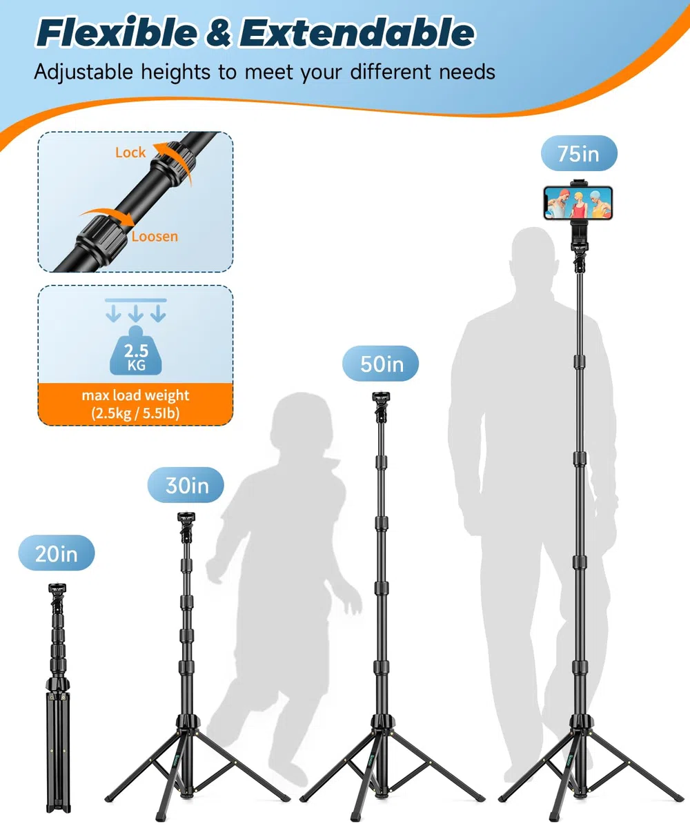 Nineigh 190cm Treppiede Smartphone, Alluminio Leggero Cavalletto Smartphone con telecomando e Supporto Telefono Cellulare, Estensibile Selfie Stick Treppiede per iPhone, Ideal per Video Vlog Youtube