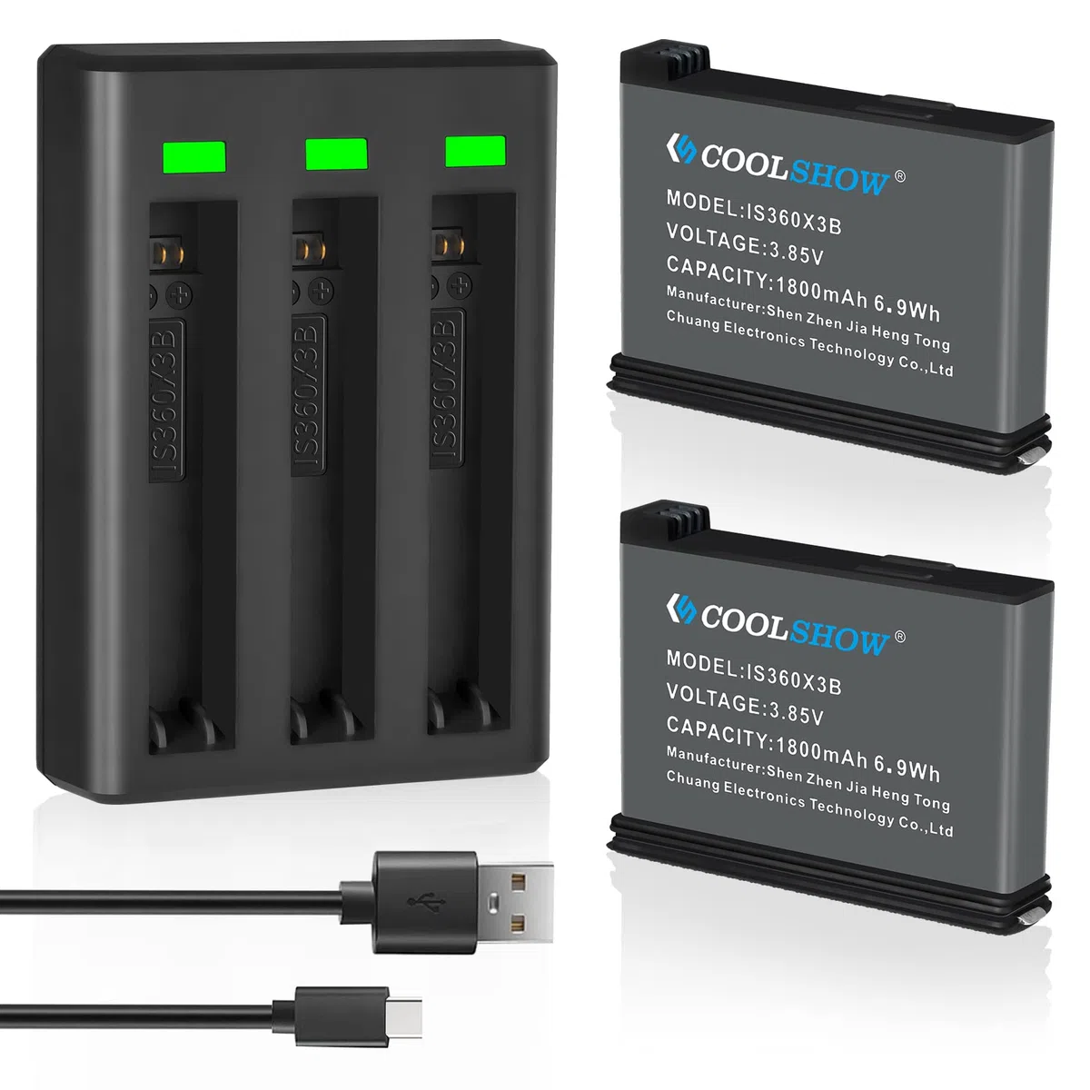COOLSHOW Action Camera X3 Batteria 1800mAh 2 pezzi e X3 Caricabatterie Triplo con Type-C e Micro USB di ricarica Compatibile con X3 fotocamera (Sostituzione della X3 Batteria)